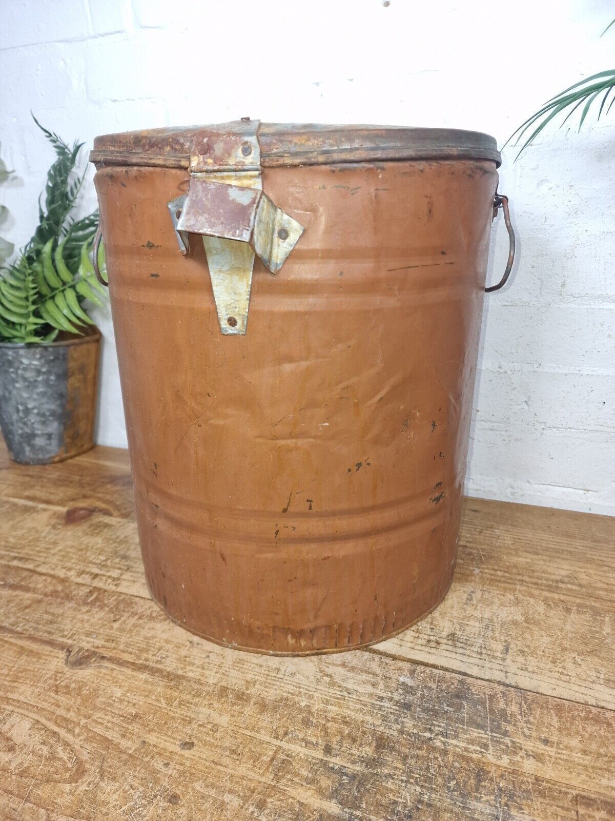 Vintage Indian Industrial Galvanised Metal Rice Grain Storage Drum Bin Cannister photo Garden Decor