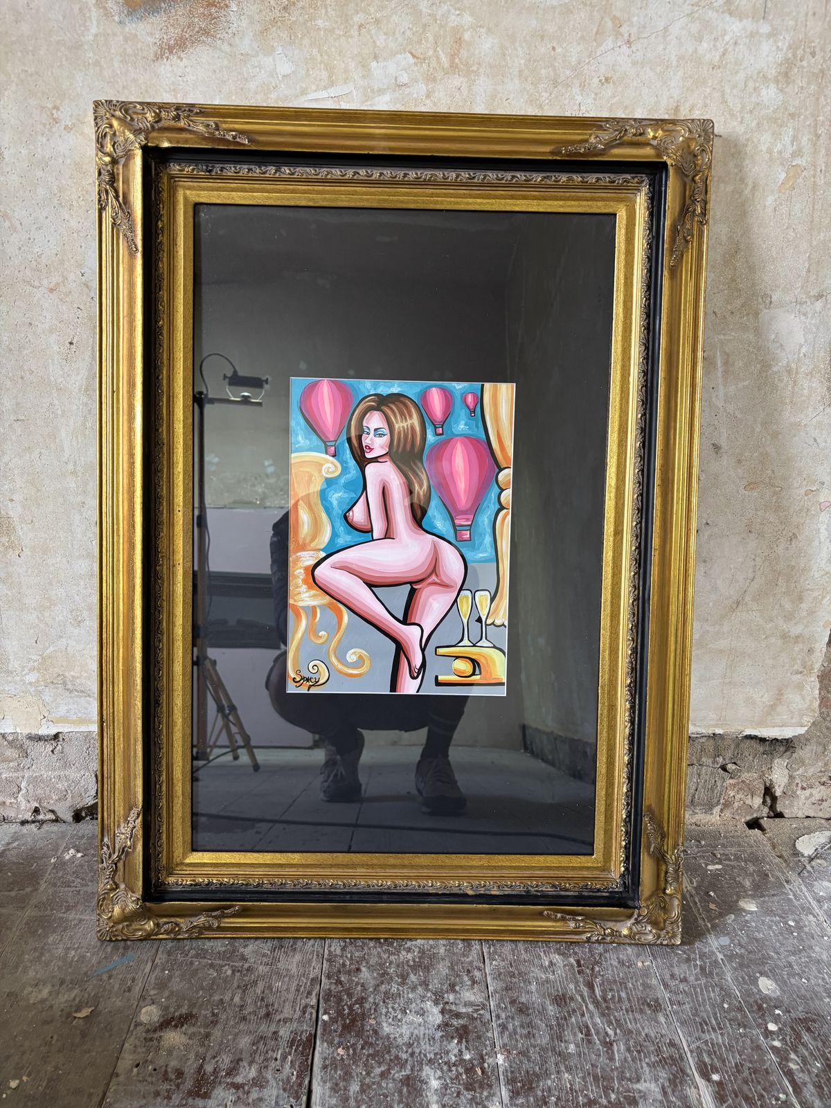 Original Erotic Pop Art Painting By Spacy Eva In Vintage Frame photo for sale