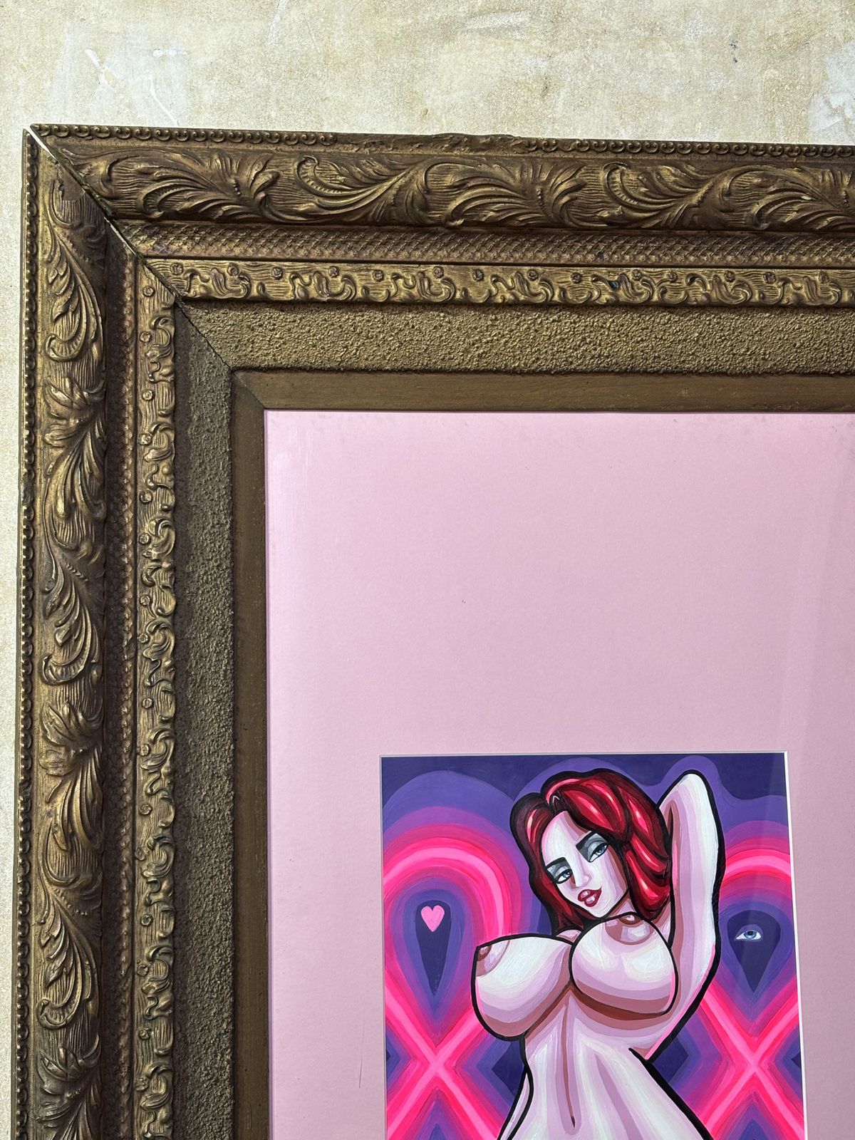 Original Erotic Pop Art Painting By Spacy Eva In Large Antique Frame photo for sale
