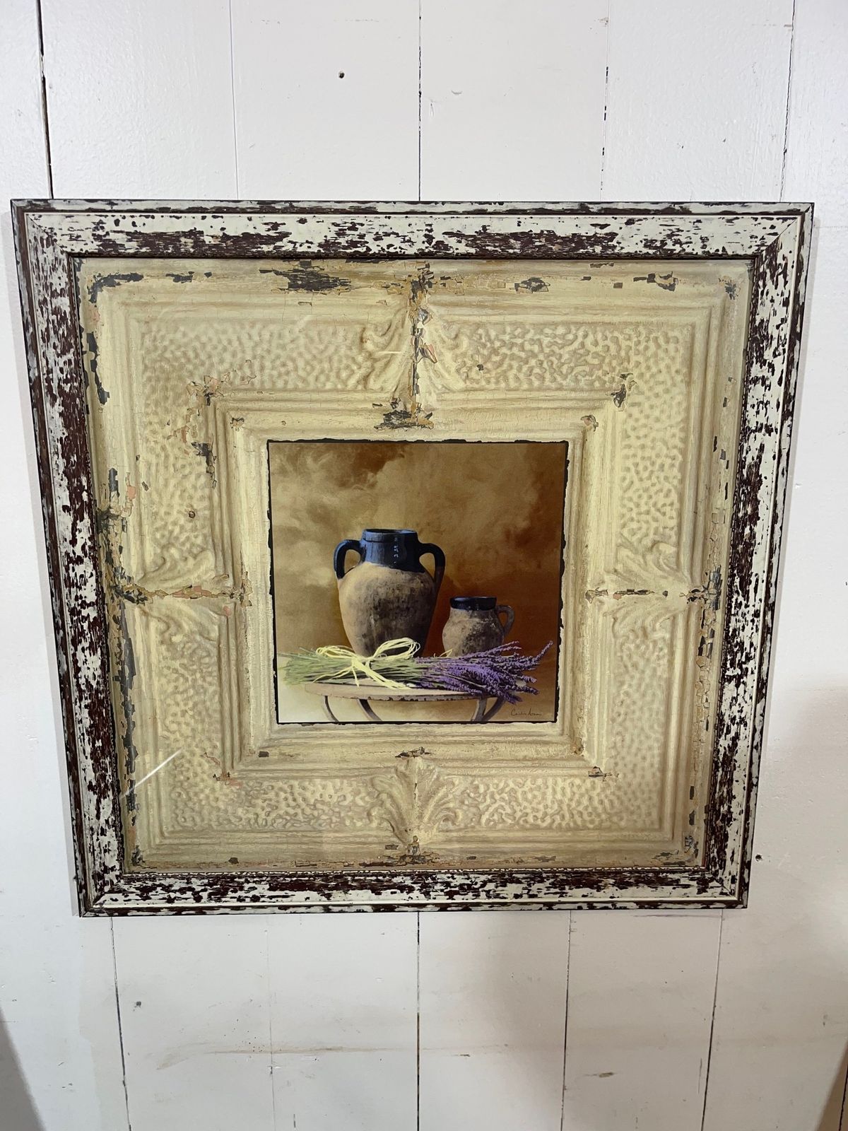 Mid Century Distressed Wooden Picture Frame With Artisan Print photo for sale