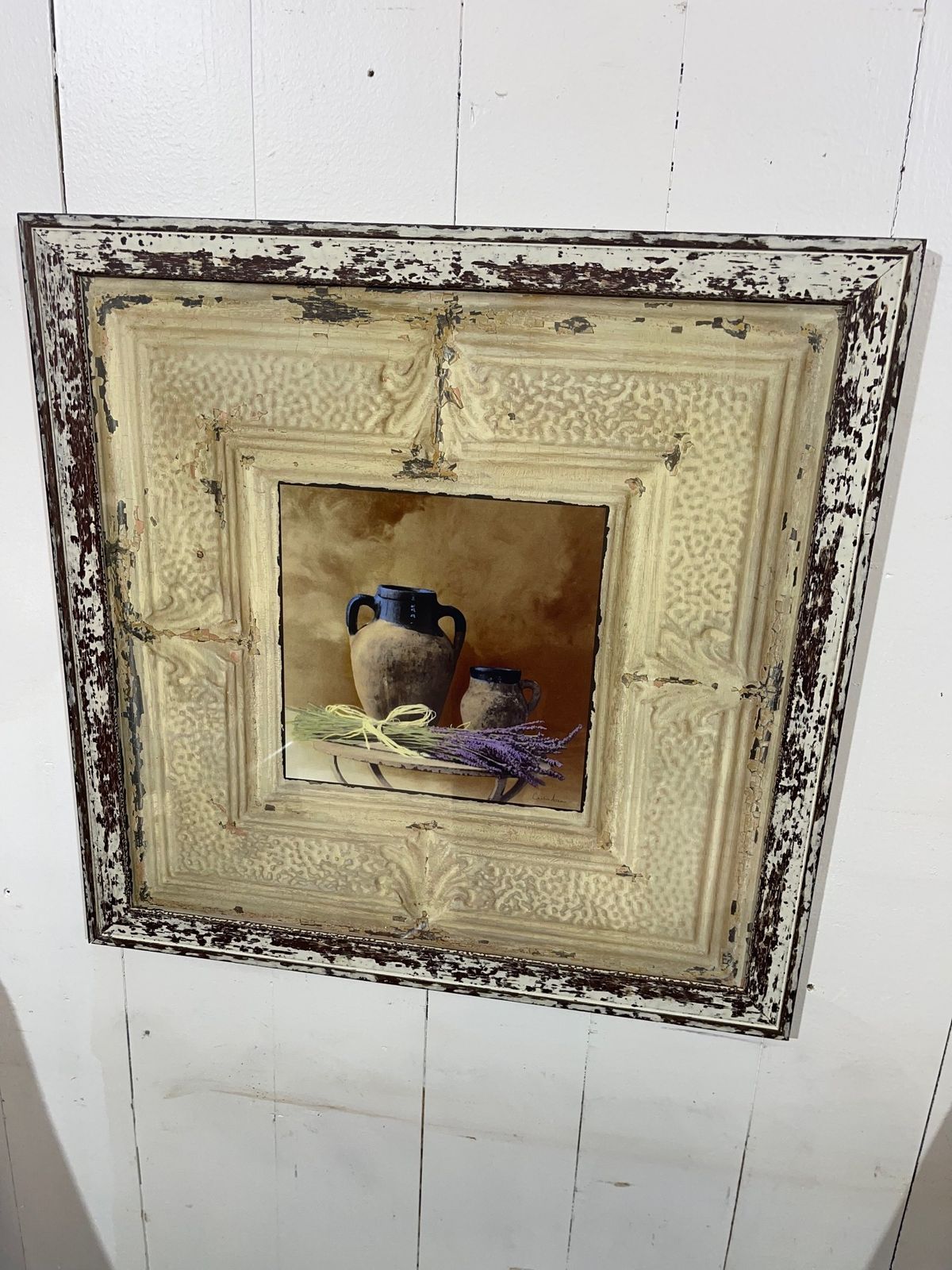 Mid Century Distressed Wooden Picture Frame With Artisan Print photo vintage