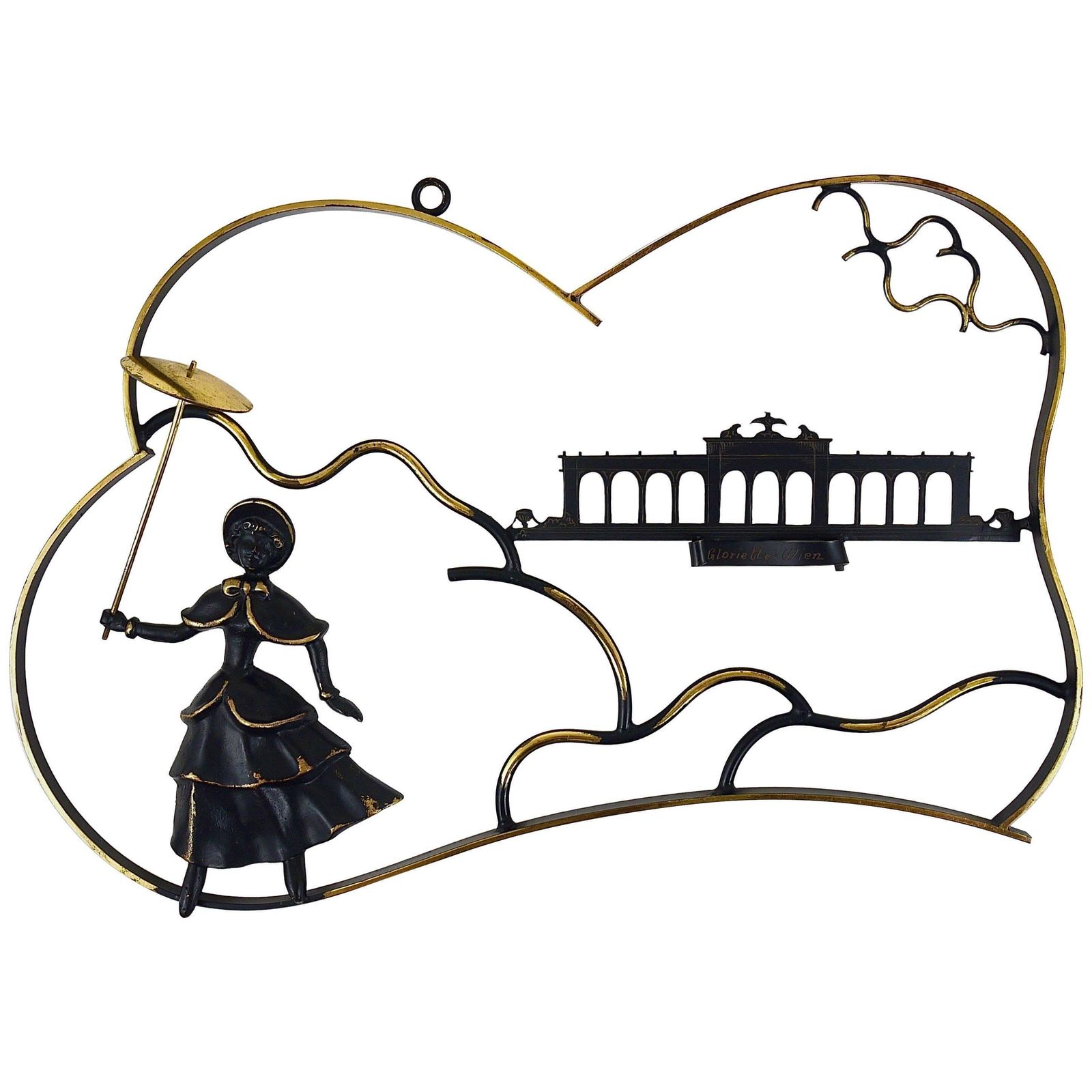 Walter Bosse Woman In Biedermeier Dress Brass Wall Sculpture, Austria, 1950s