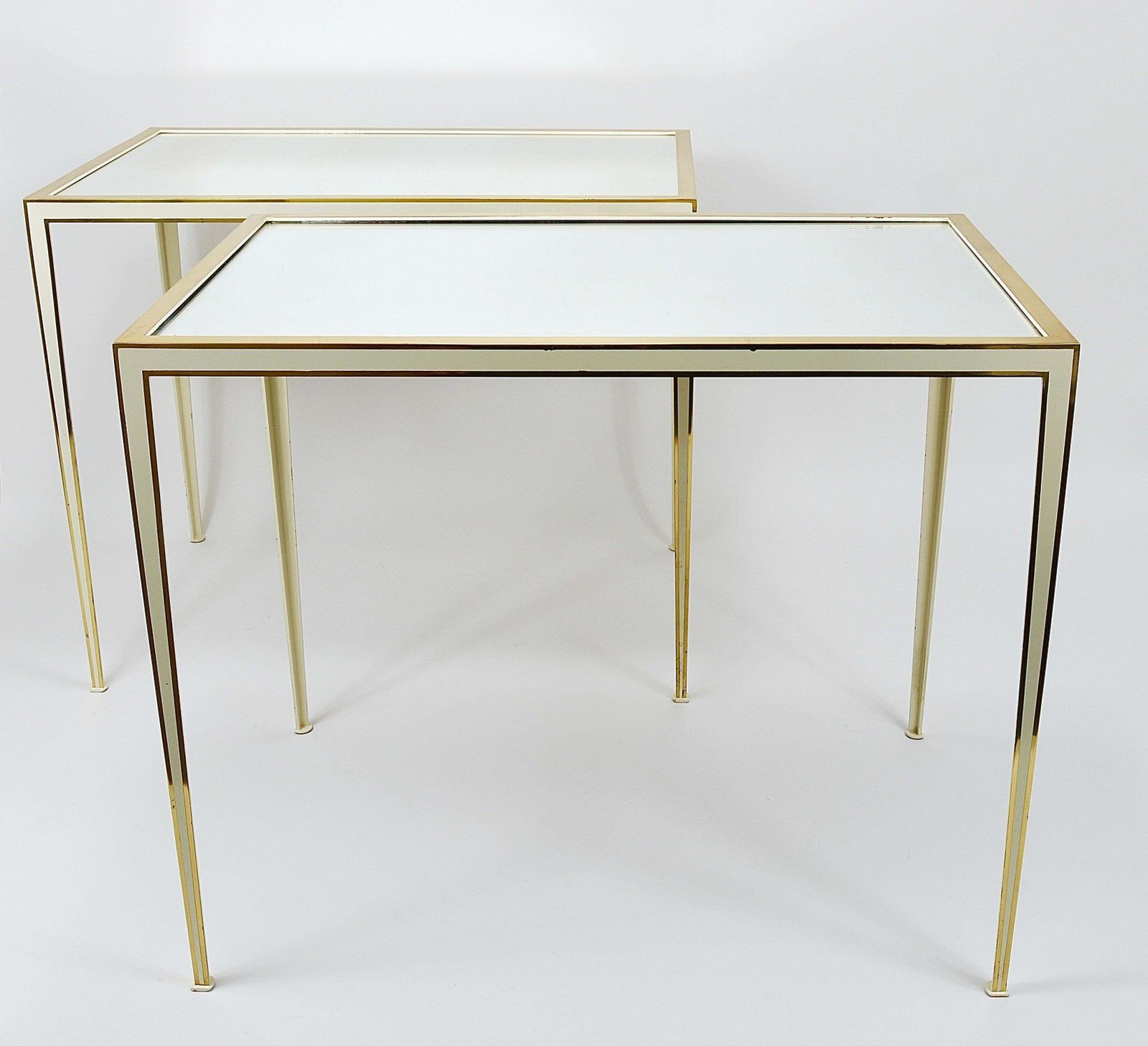 A Pair Of Vereinigte Werkstätten Brass & White Mirror Tables, Germany, 1970s photo for sale