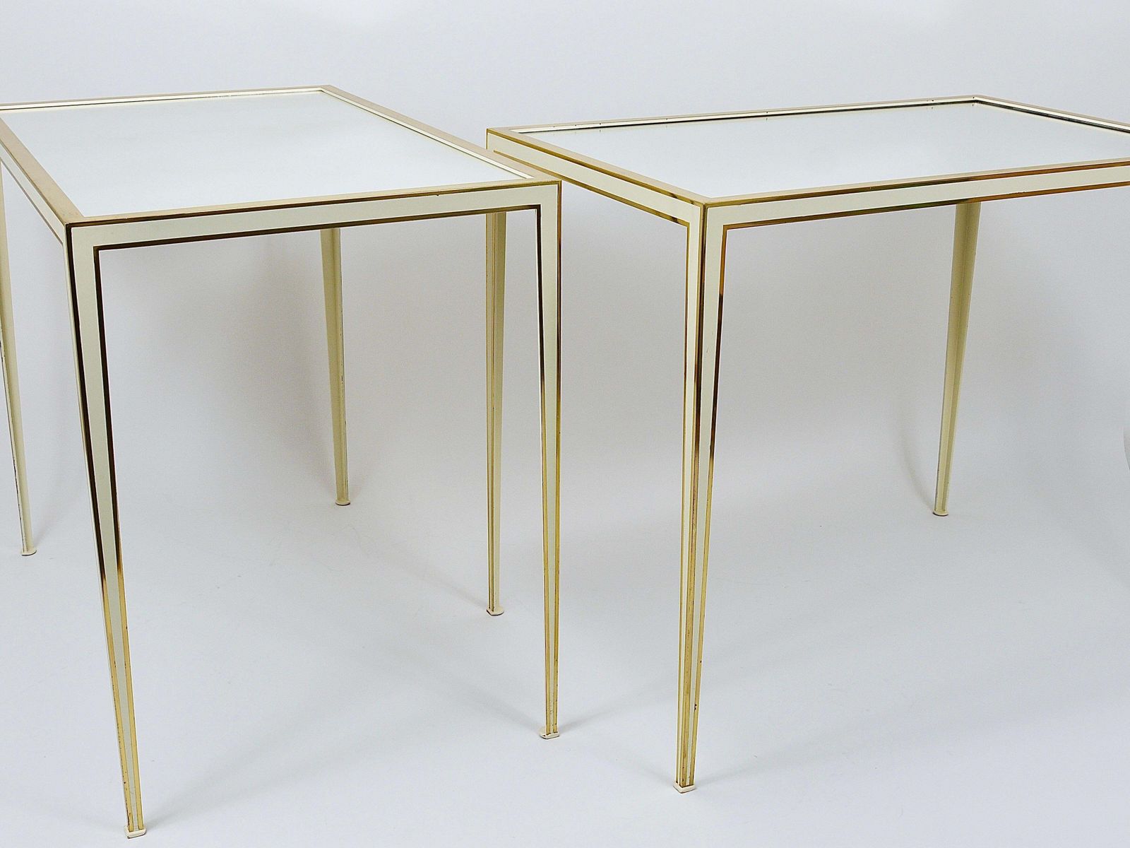 A Pair Of Vereinigte Werkstätten Brass & White Mirror Tables, Germany, 1970s photo vintage