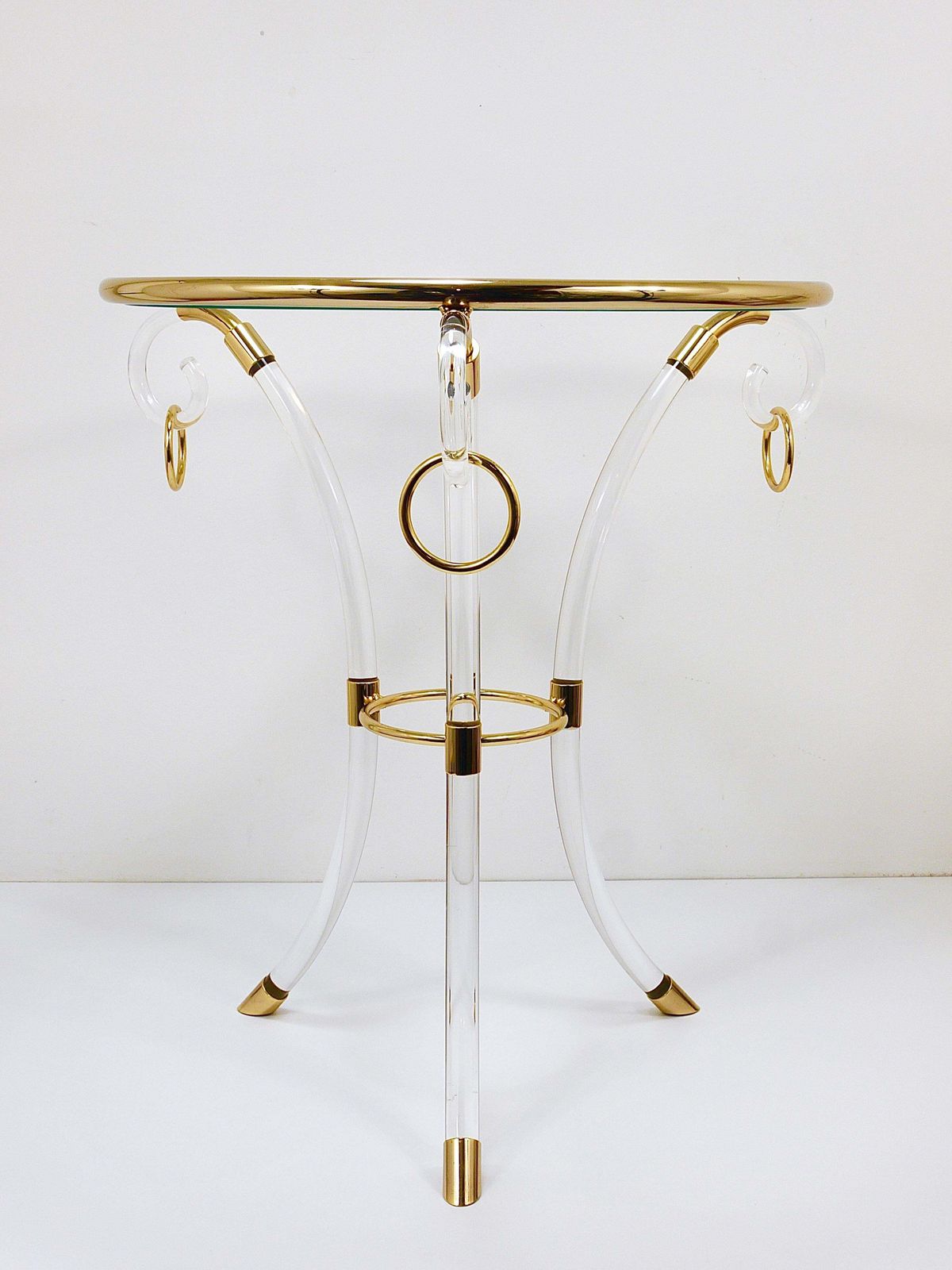 photo furniture Maison Jansen Style Lucite & Gilt Metal Tripod Coffee Table Pedestal Gueridon