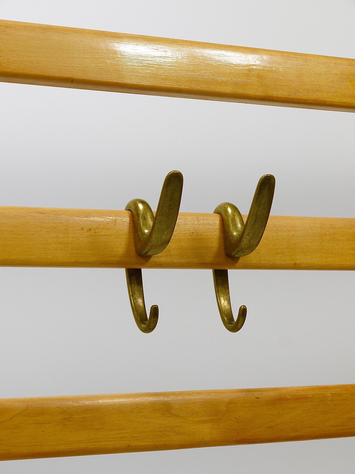 Large Carl Auböck Mid Century Coat Rack Beech Wardrobe With 8 Brass Hooks, 1950s photo vinterior