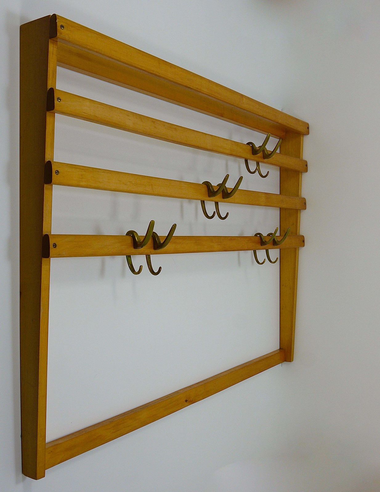 photo furniture Large Carl Auböck Mid Century Coat Rack Beech Wardrobe With 8 Brass Hooks, 1950s