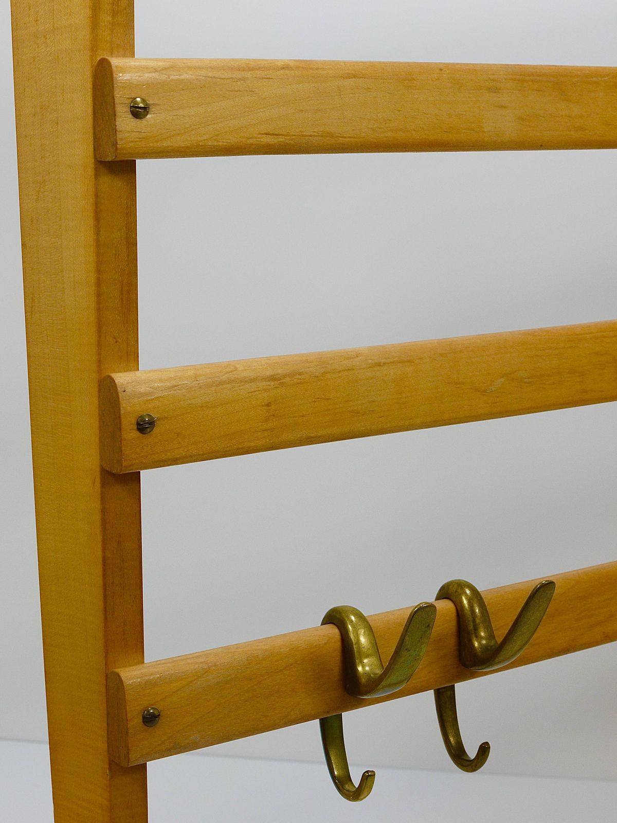 photo buy Large Carl Auböck Mid Century Coat Rack Beech Wardrobe With 8 Brass Hooks, 1950s