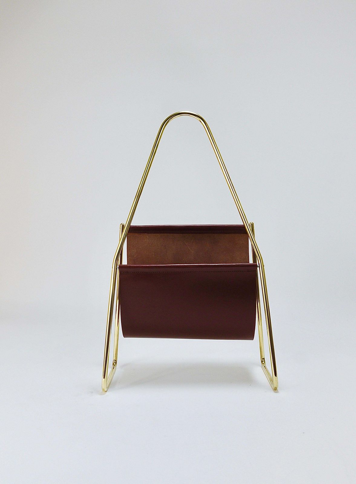 Carl Auböck II Midcentury Magazine Rack, Brass & Brown Leather, Vintage, Austria photo furniture