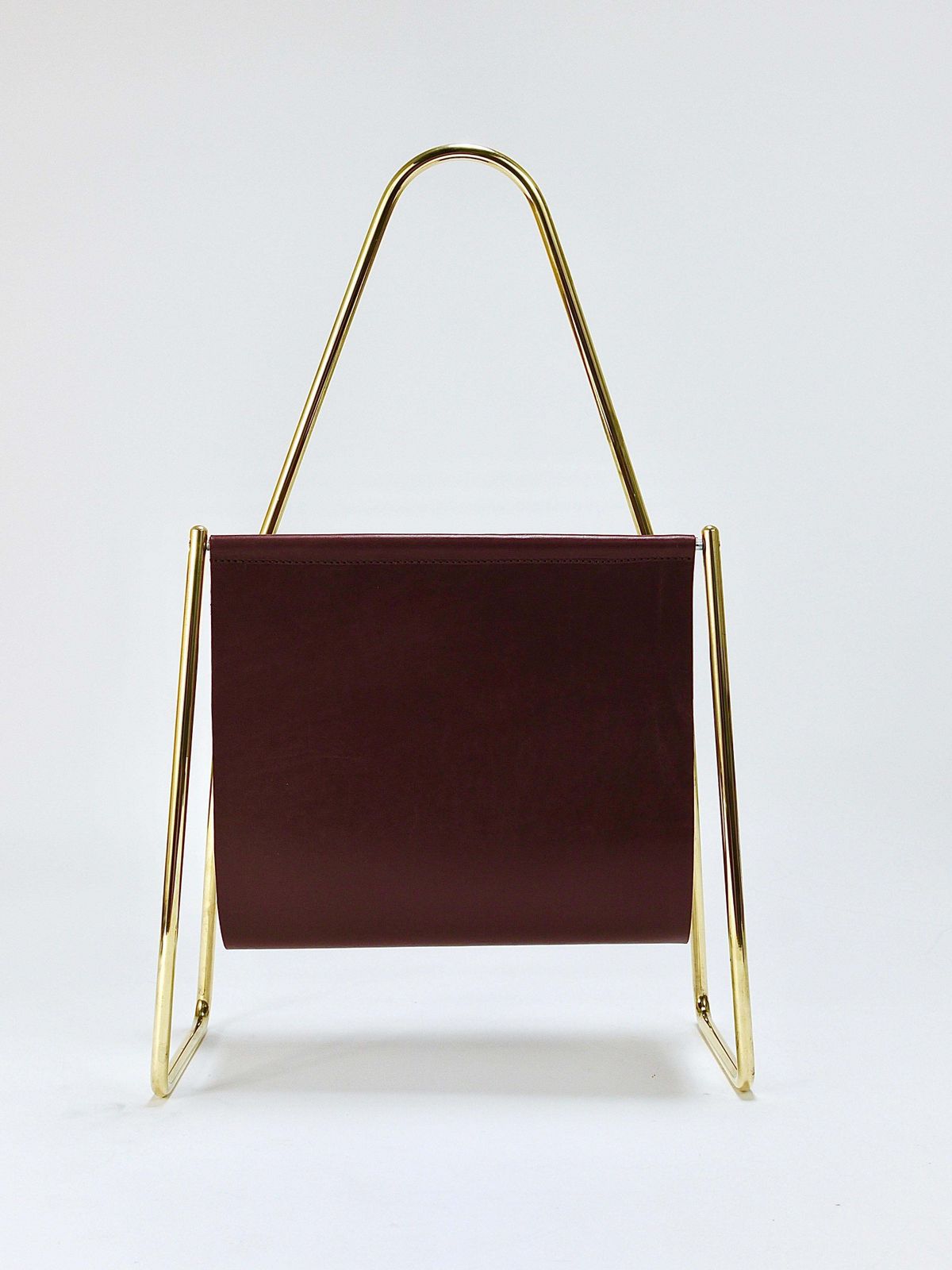 Carl Auböck II Midcentury Magazine Rack, Brass & Brown Leather, Vintage, Austria photo 1773.0