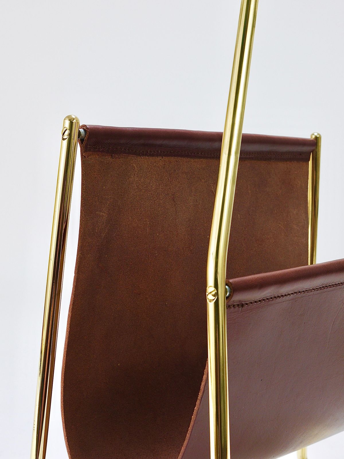 photo for sale Carl Auböck II Midcentury Magazine Rack, Brass & Brown Leather, Vintage, Austria