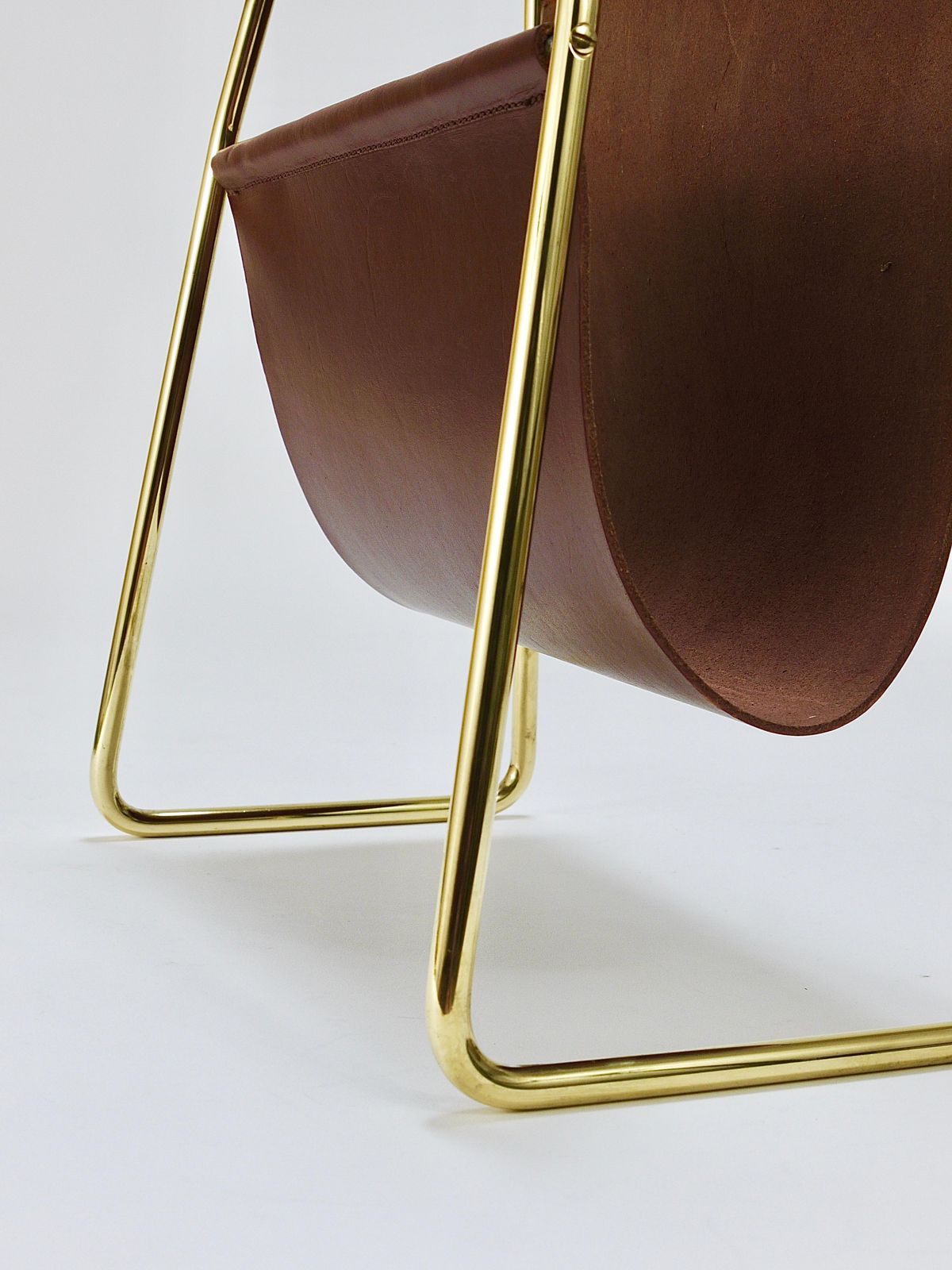 photo buy Carl Auböck II Midcentury Magazine Rack, Brass & Brown Leather, Vintage, Austria