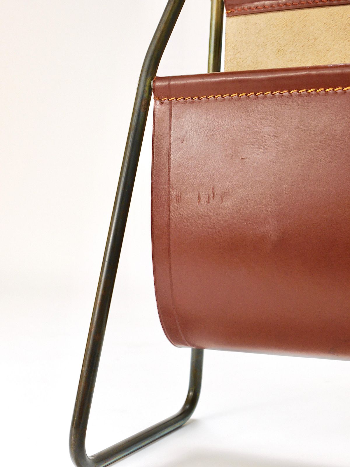 photo for sale Carl Auböck II Midcentury Magazine Rack, Brass & Brown Leather, Vintage, Austria