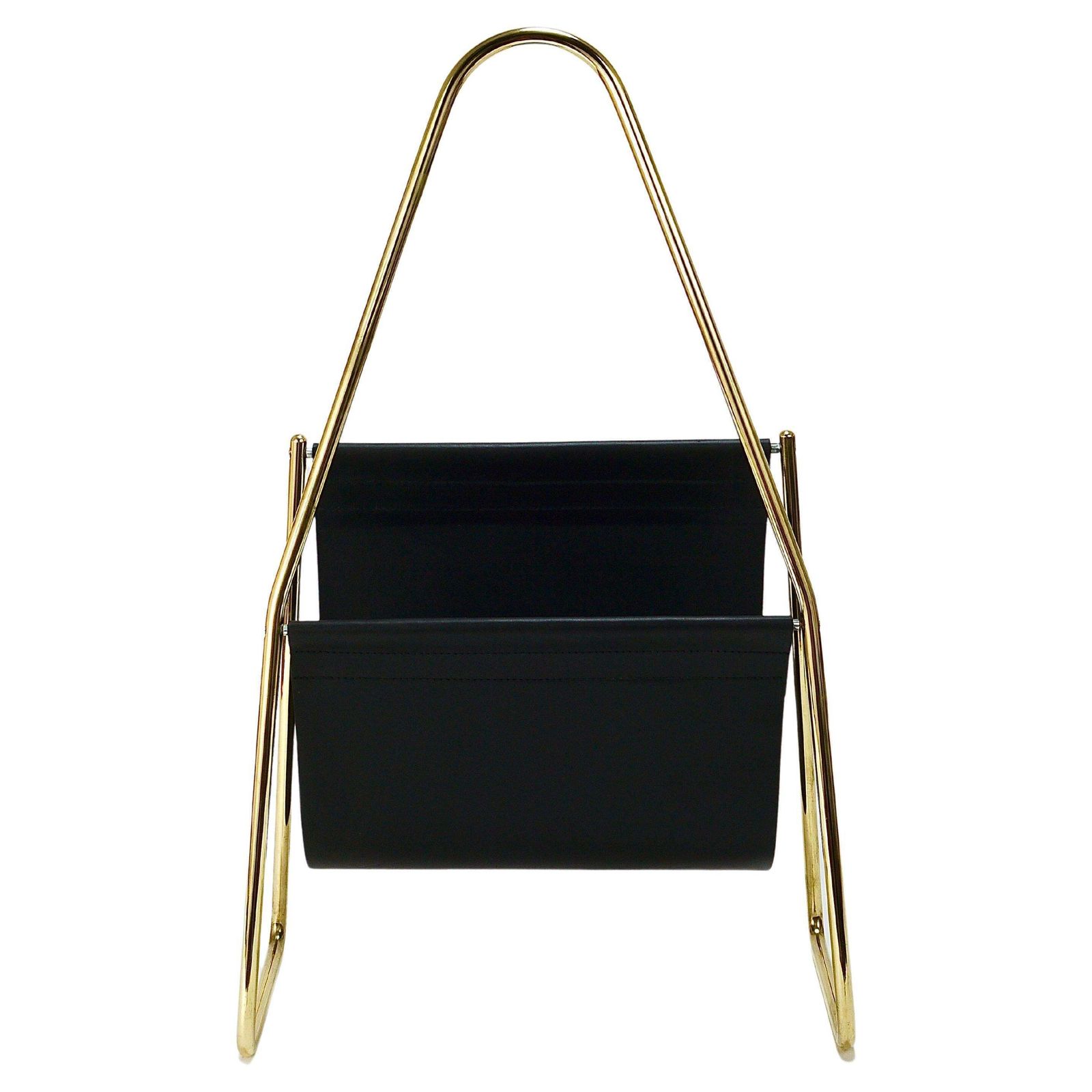 Carl Auböck II Midcentury Magazine Rack, Brass & Black Leather, Vintage, Austria