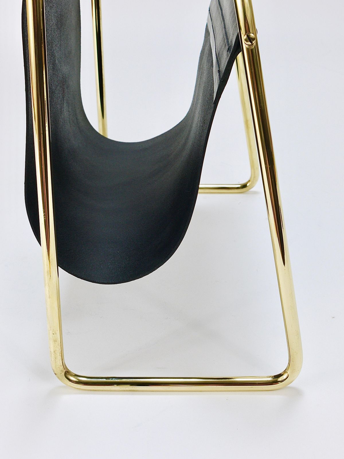 photo furniture Carl Auböck II Midcentury Magazine Rack, Brass & Black Leather, Vintage, Austria