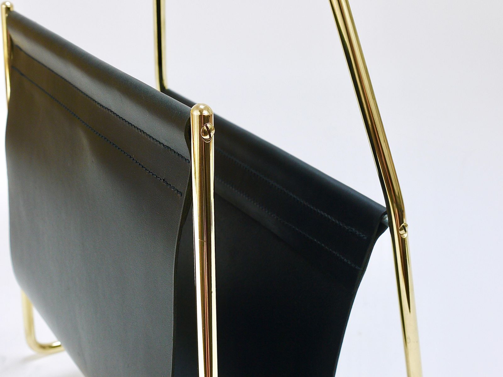 photo for sale Carl Auböck II Midcentury Magazine Rack, Brass & Black Leather, Vintage, Austria