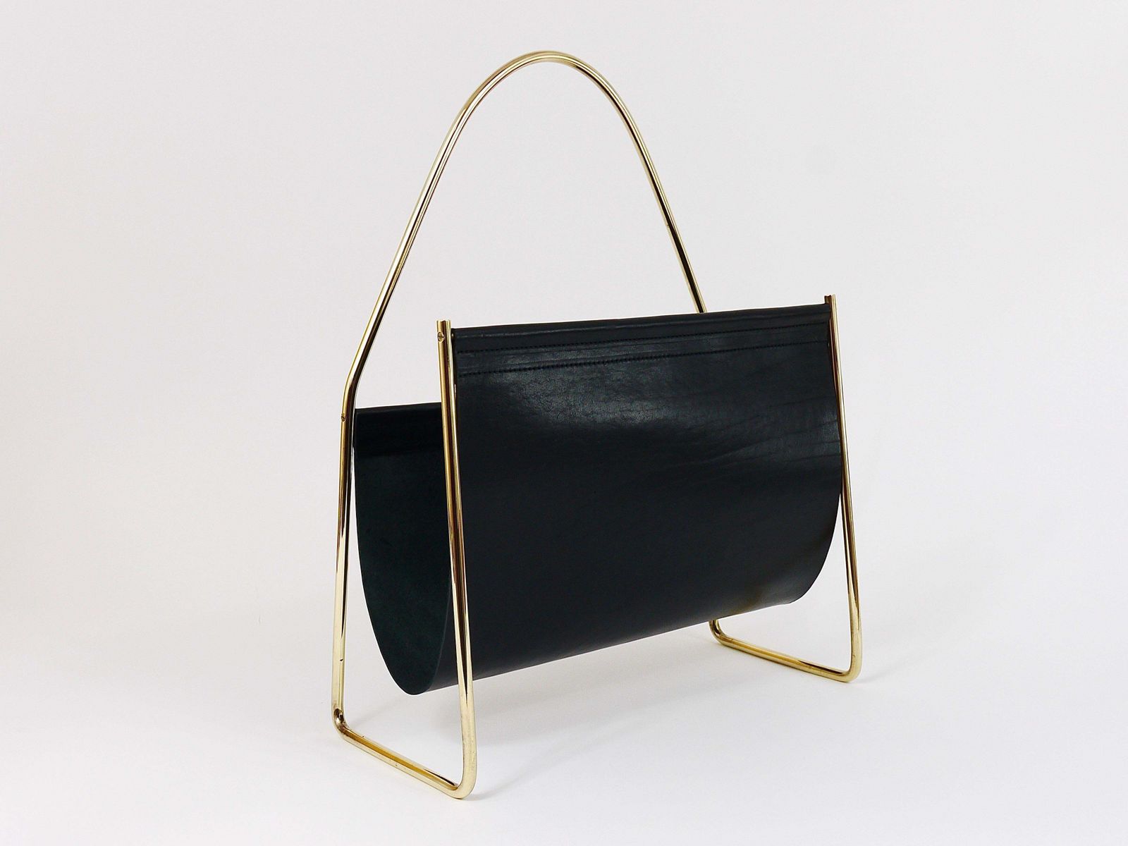 Austrian Modernist Midcentury Magazine Rack, Brass And Black Leather photo 1773.0