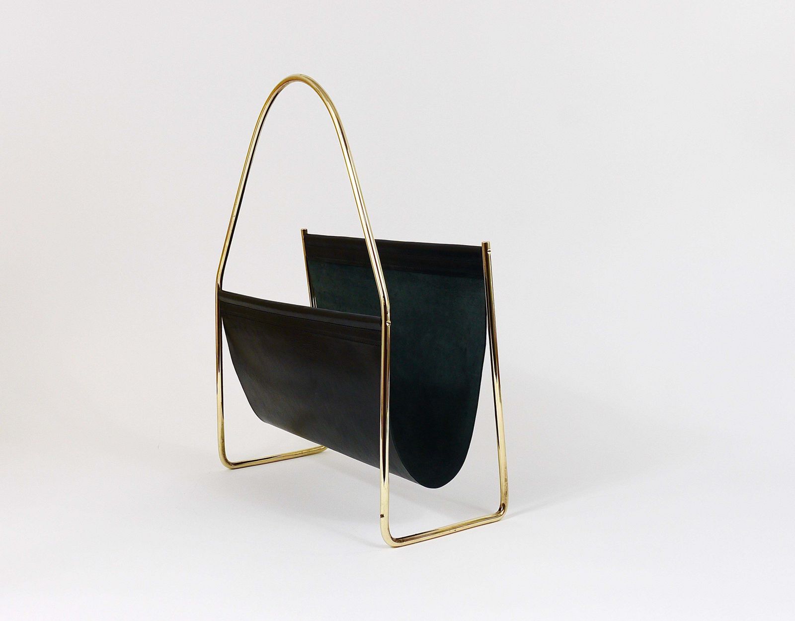 Austrian Modernist Midcentury Magazine Rack, Brass And Black Leather photo buy