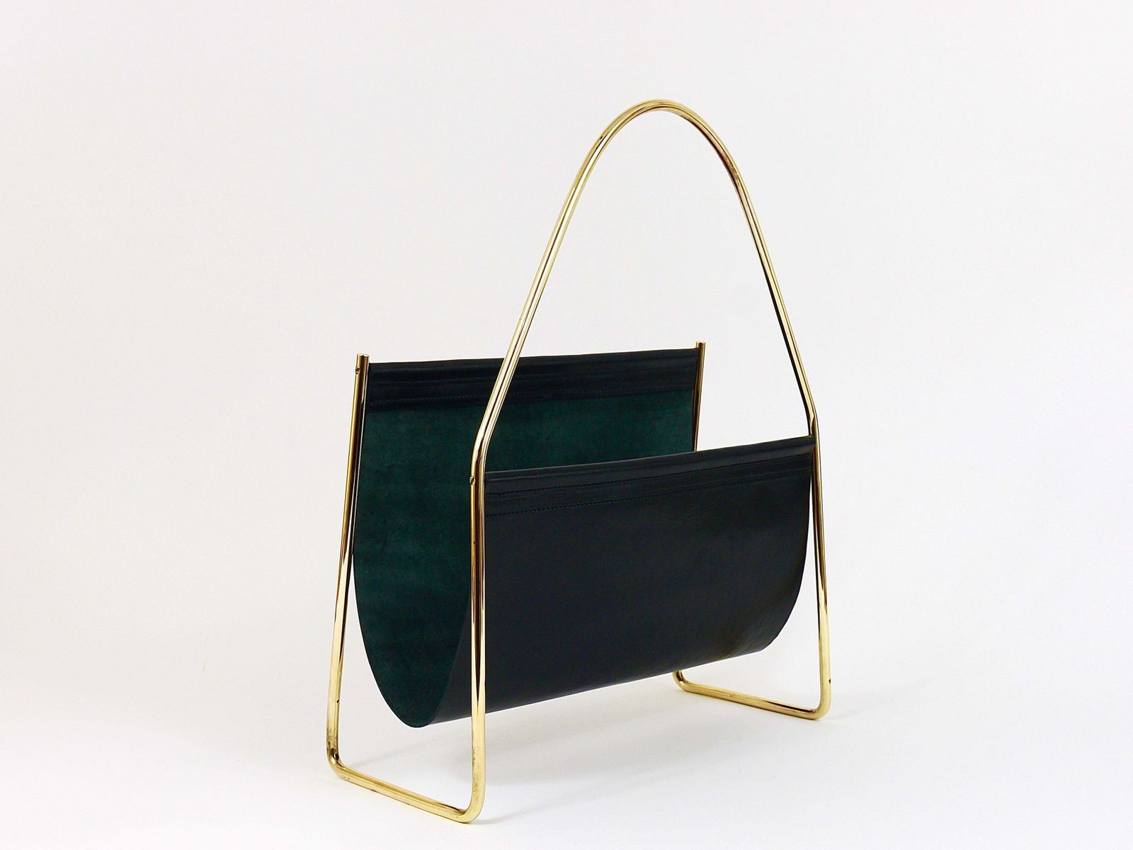 photo furniture Austrian Modernist Midcentury Magazine Rack, Brass And Black Leather
