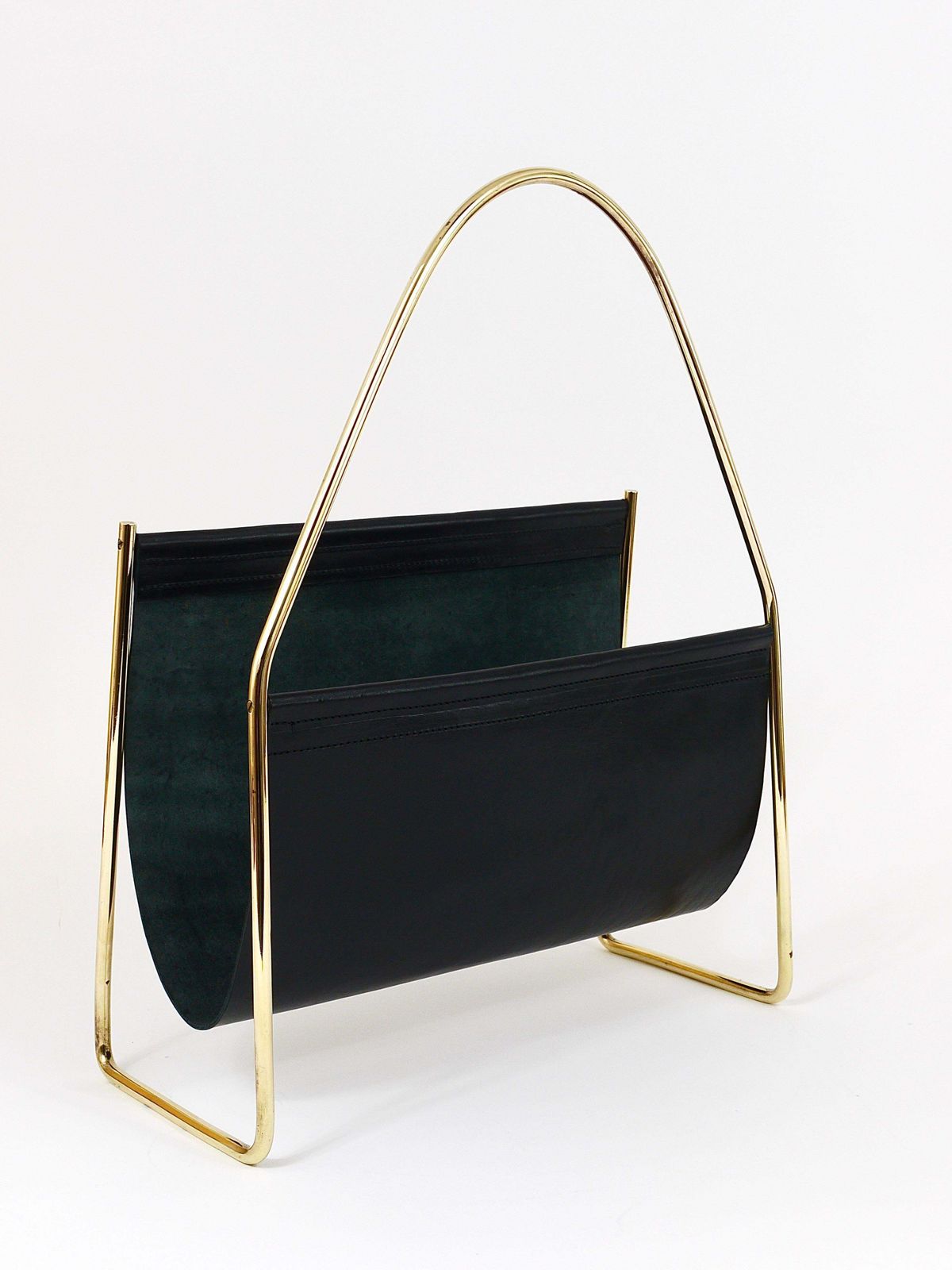 photo buy Austrian Modernist Midcentury Magazine Rack, Brass And Black Leather