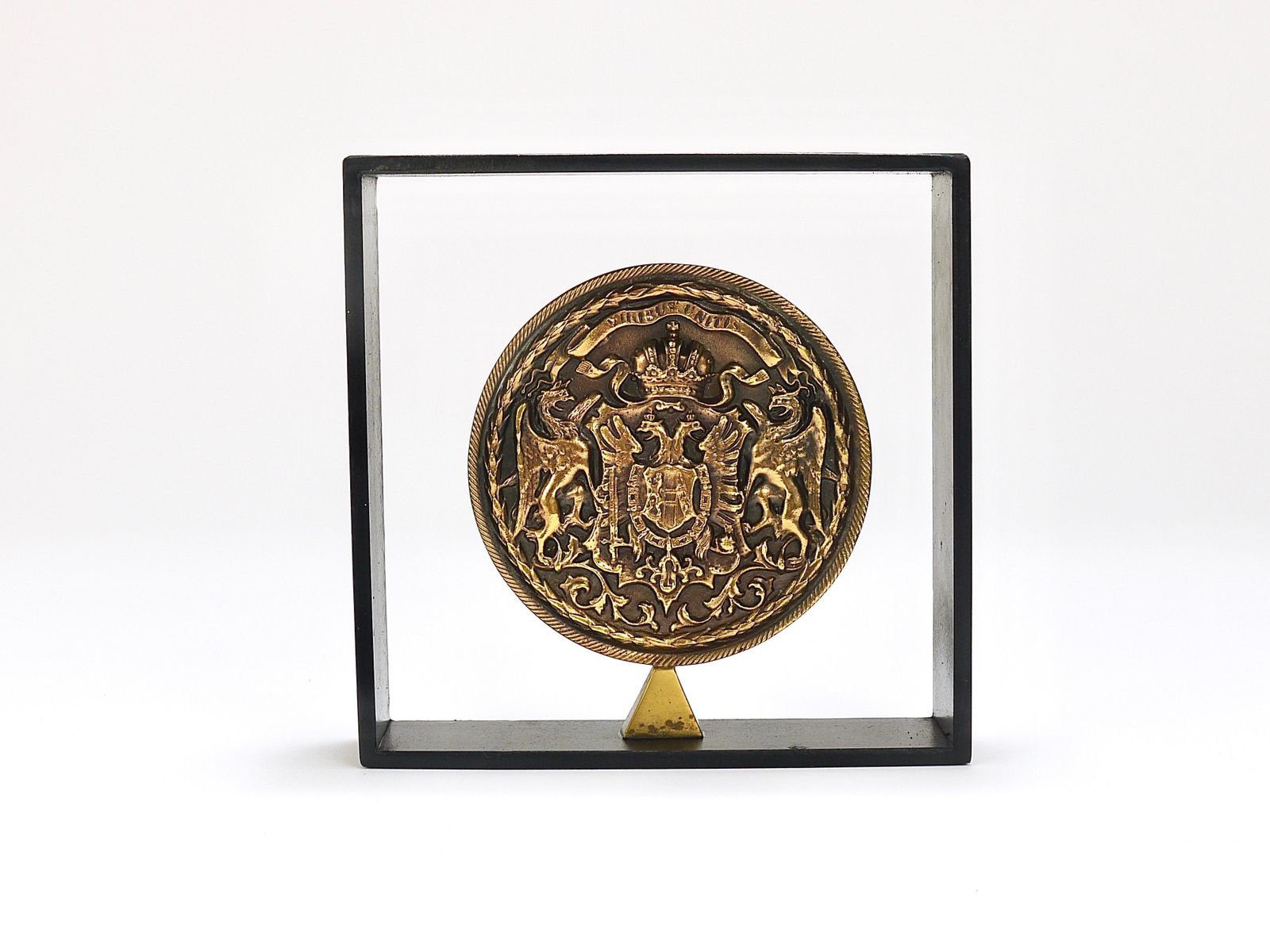 Carl Aubock Iron & Brass Coin Medal Midcentury Bookend, Austria, 1970s photo for sale