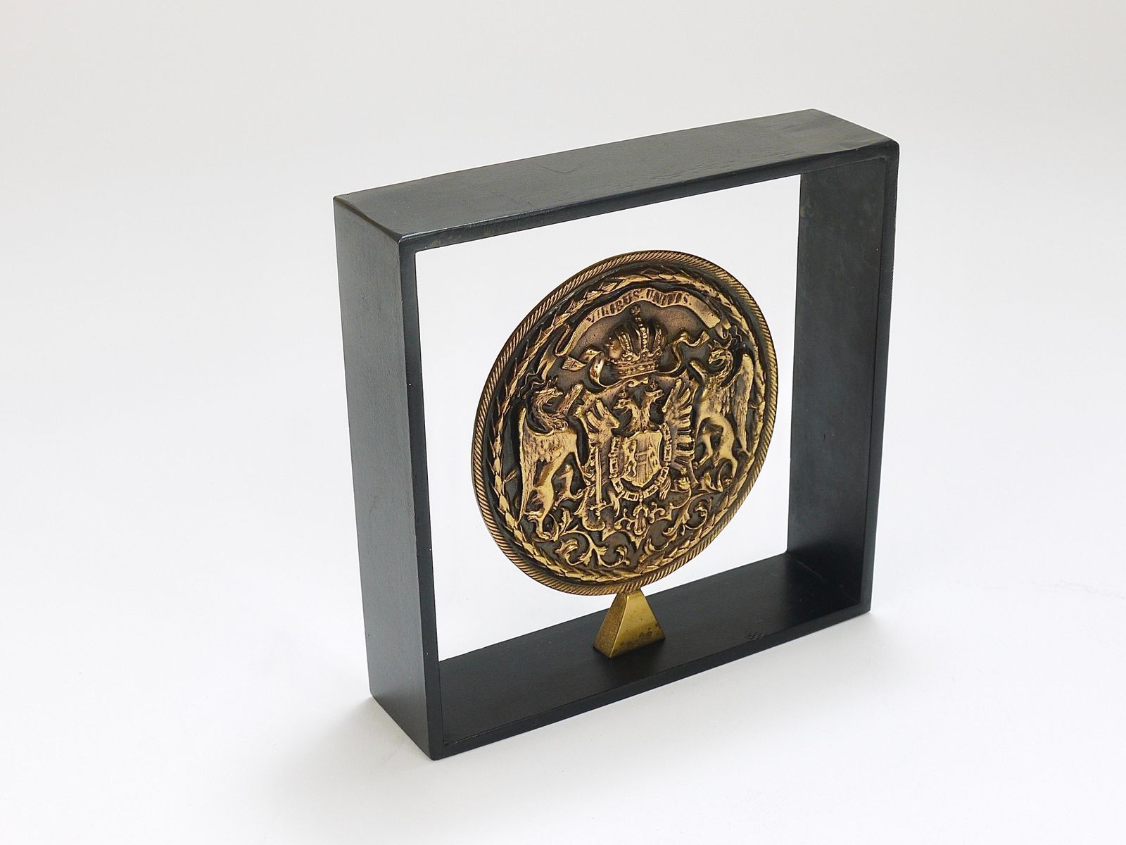 Carl Aubock Iron & Brass Coin Medal Midcentury Bookend, Austria, 1970s photo vintage