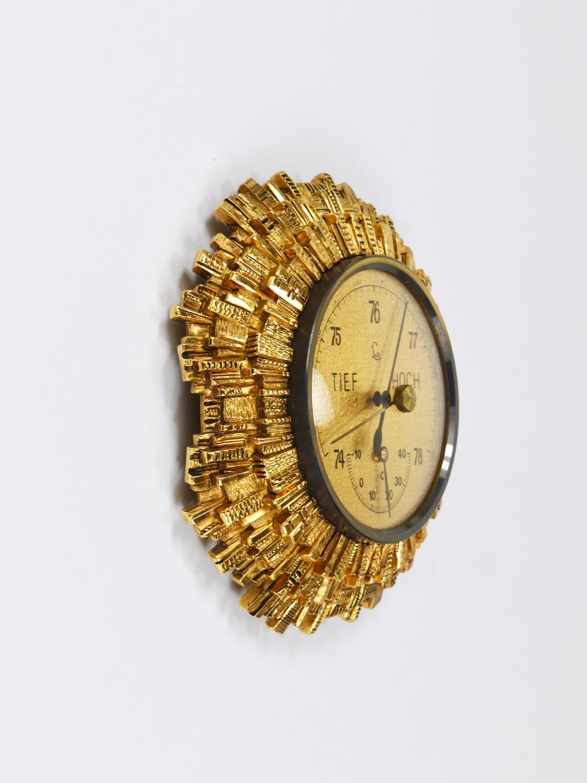 photo for sale Lufft Sunburst Golden Brass Wall Weather Station, Barometer & Thermometer, 1950s