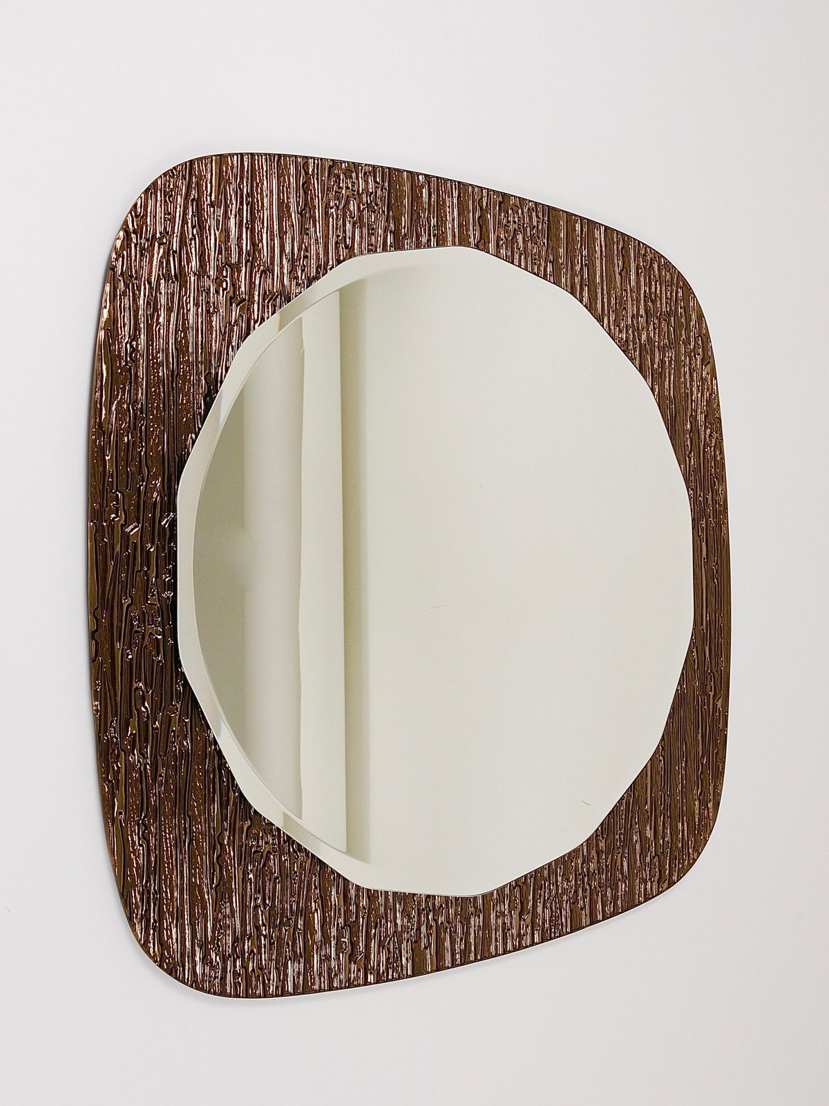Cristal Arte Bronze Gold Scalloped Textured Midcentury Wall Mirror, Italy, 1960s photo Home Decor