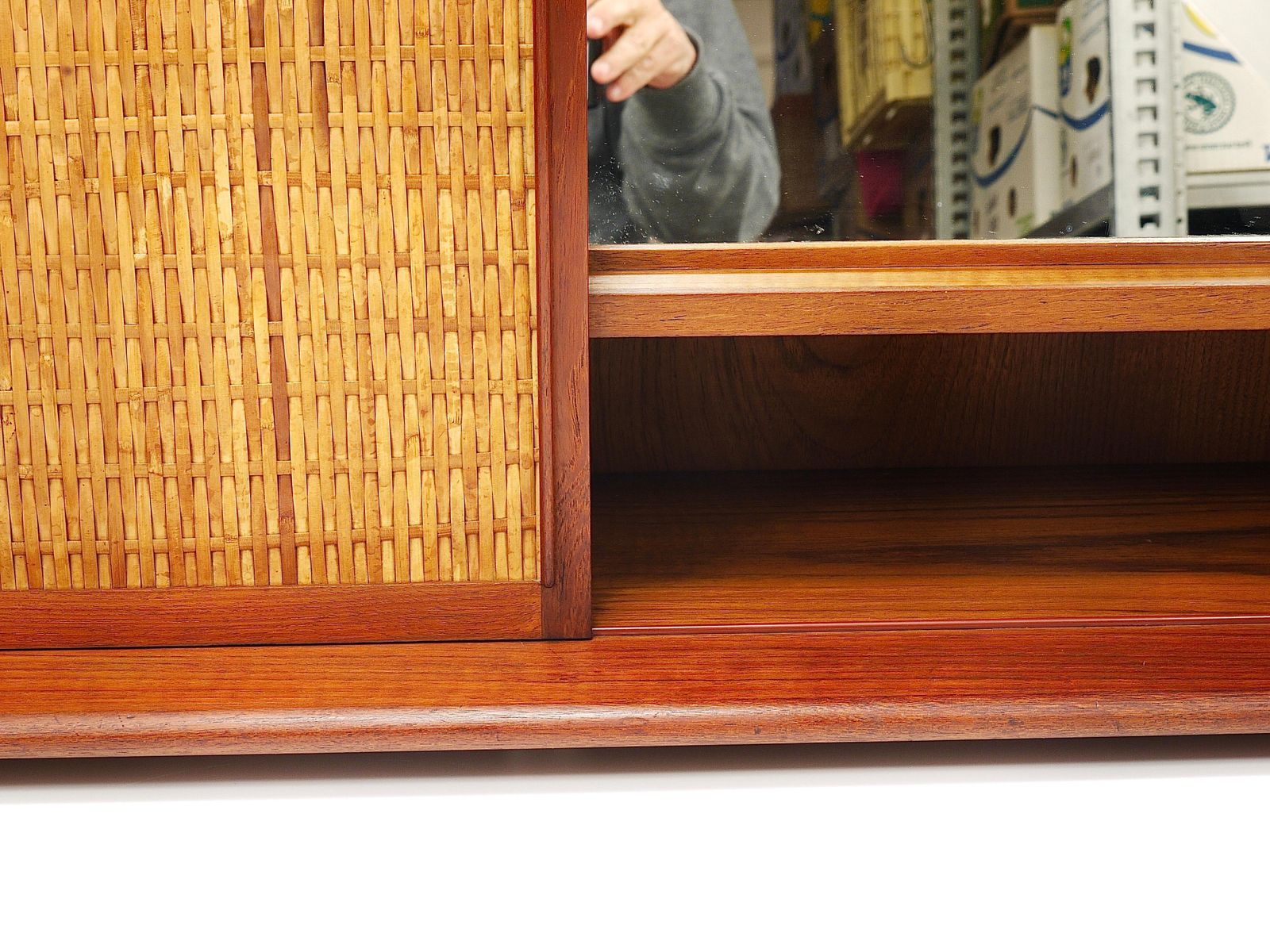 photo for sale Arne Wahl Iversen Wall Mirror & Shelf Cabinet, Teak & Cane For Brenderup Denmark