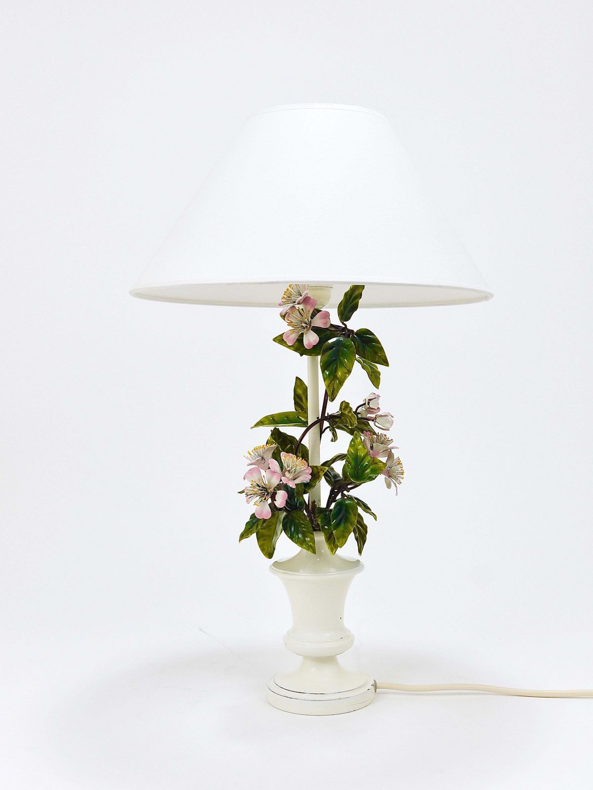 Salvadori Hand Painted Wild Apple Blossom Toleware Table Lamp, Italy, 1950s photo vintage