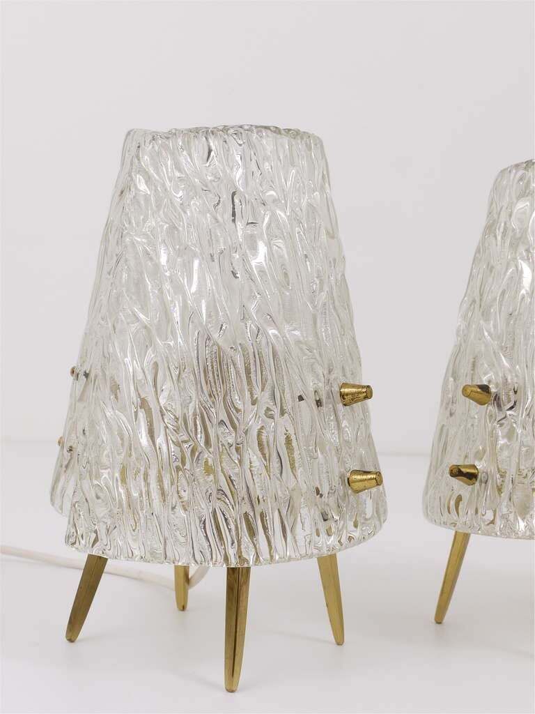 Pair J.T. Kalmar Brass & Textured Glass Mid Century Table Lamps, Austria, 1950s photo vintage