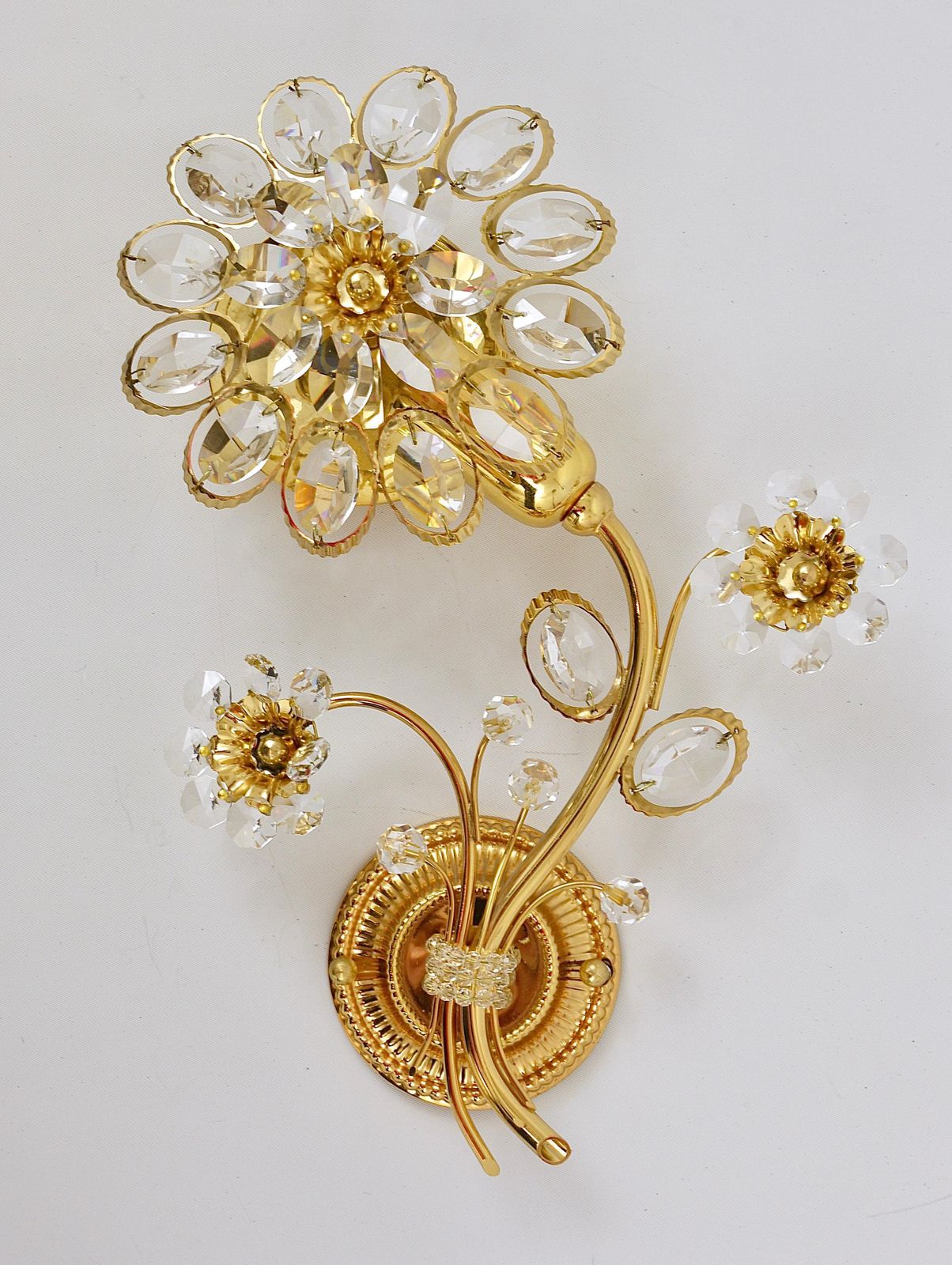 Pair Of Ernst Palme Gilt Brass Crystal Flower Wall Lights, Palwa Germany, 1970s photo for sale
