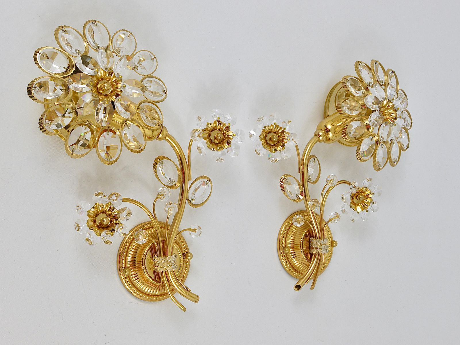 photo for sale Pair Of Ernst Palme Gilt Brass Crystal Flower Wall Lights, Palwa Germany, 1970s