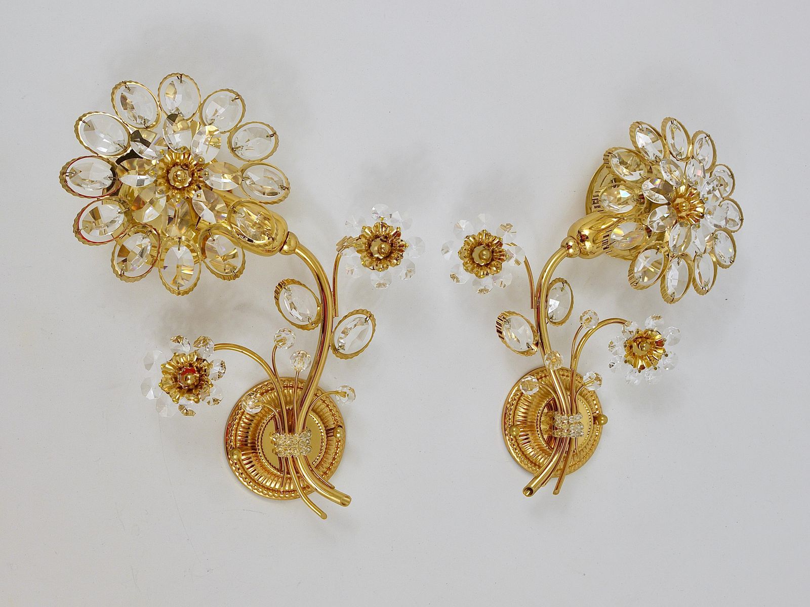 1936.0 Pair Of Ernst Palme Gilt Brass Crystal Flower Wall Lights, Palwa Germany, 1970s photo