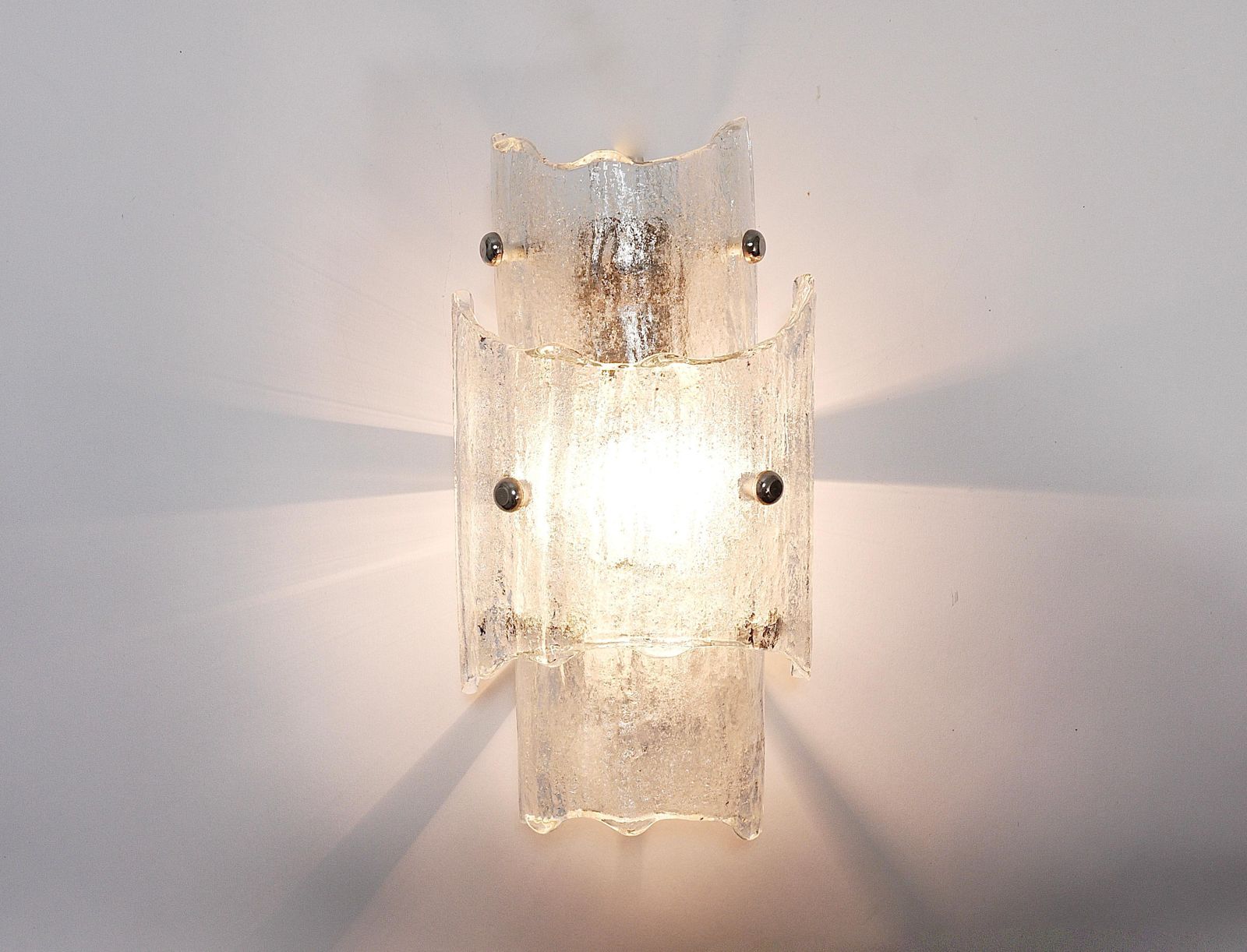 photo furniture J.T. Kalmar Vienna Pair Mid Century Frosted Ice Glass Sconces, Austria, 1960s