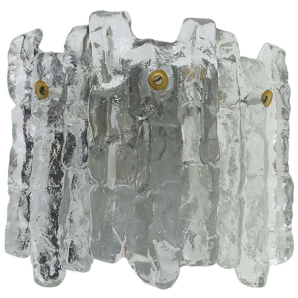 J.T. Kalmar Soria Midcentury Ice Glass Sconce Wall Light, Austria, 1970s