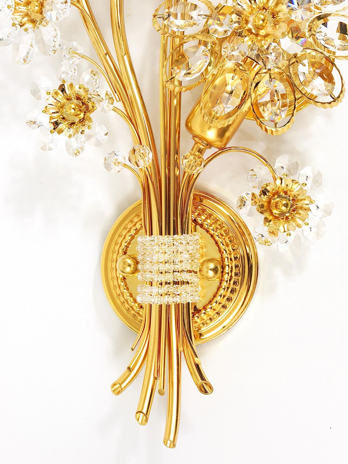 Big Ernst Palme Palwa Floral Gilt Brass Crystals Flower Wall Light Sconce, 1970s photo 1773.0