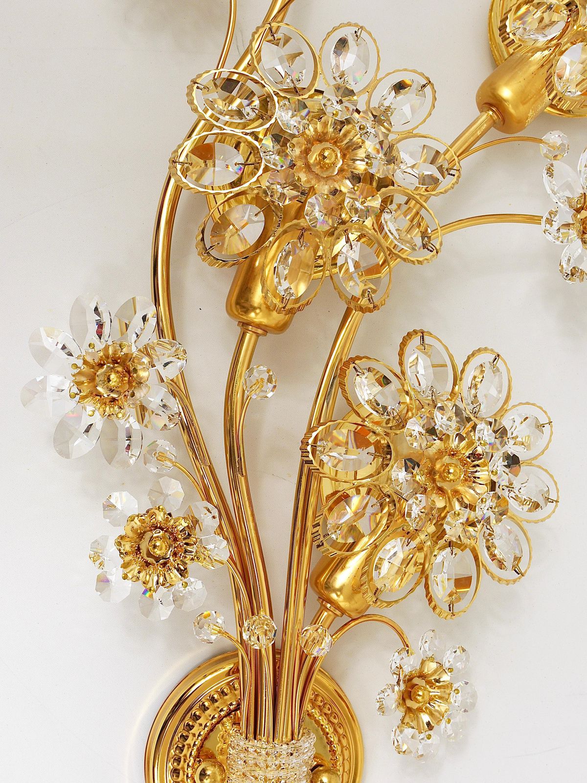 photo for sale Big Ernst Palme Palwa Floral Gilt Brass Crystals Flower Wall Light Sconce, 1970s