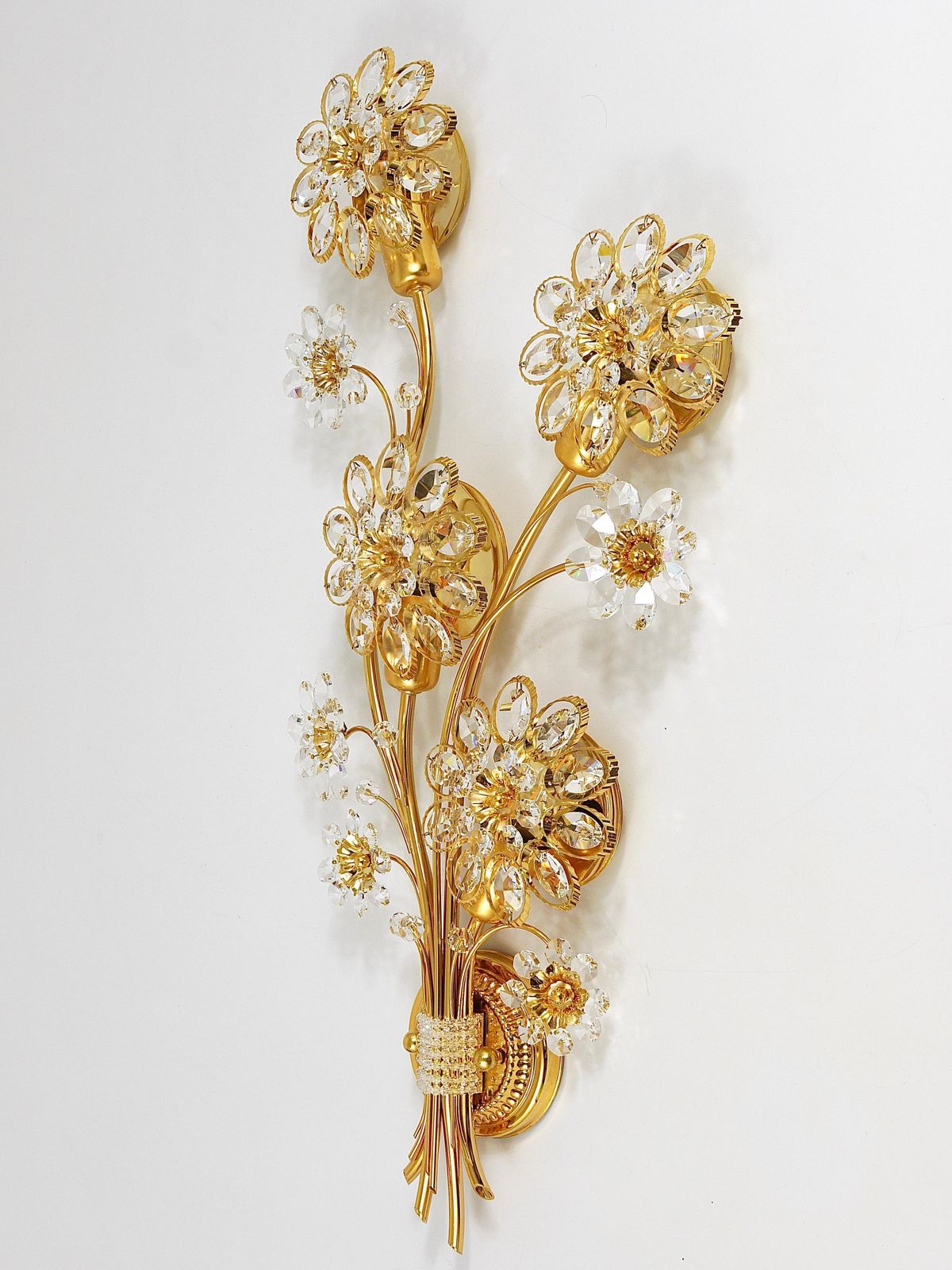 Lighting Big Ernst Palme Palwa Floral Gilt Brass Crystals Flower Wall Light Sconce, 1970s photo