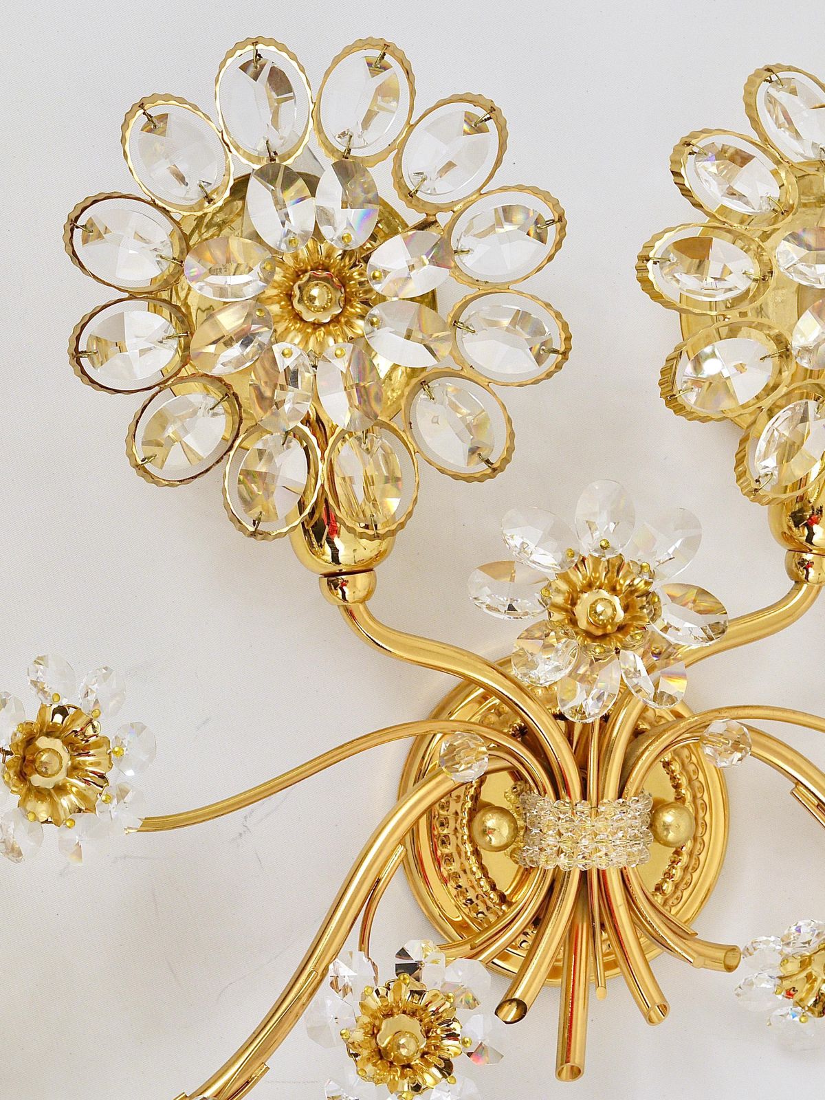 Big Ernst Palme Flowers Brass & Crystals Flower Wall Light Sconce, Palwa, 1970s photo furniture