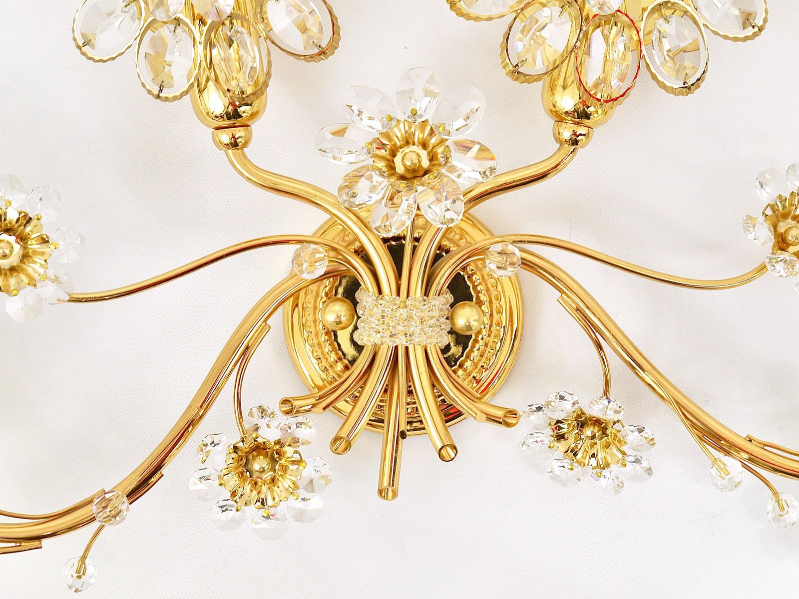 Big Ernst Palme Flowers Brass & Crystals Flower Wall Light Sconce, Palwa, 1970s photo Lighting