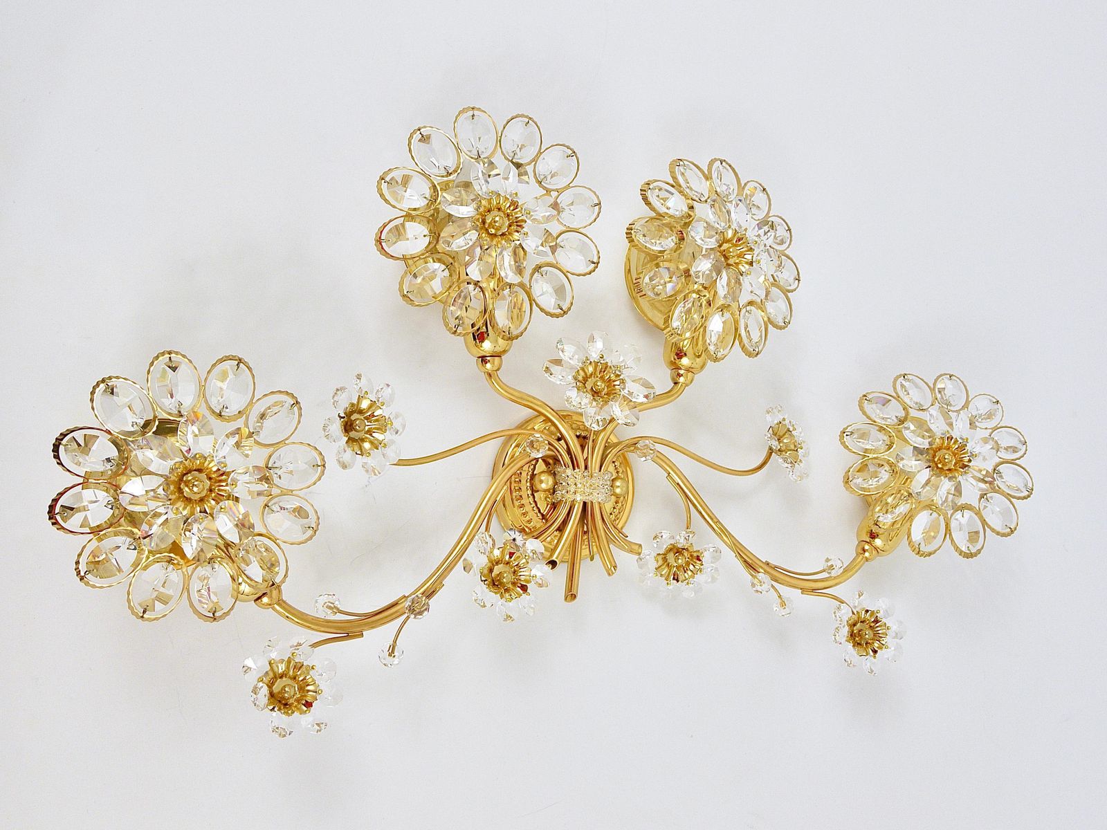 Big Ernst Palme Flowers Brass & Crystals Flower Wall Light Sconce, Palwa, 1970s photo 1532.0