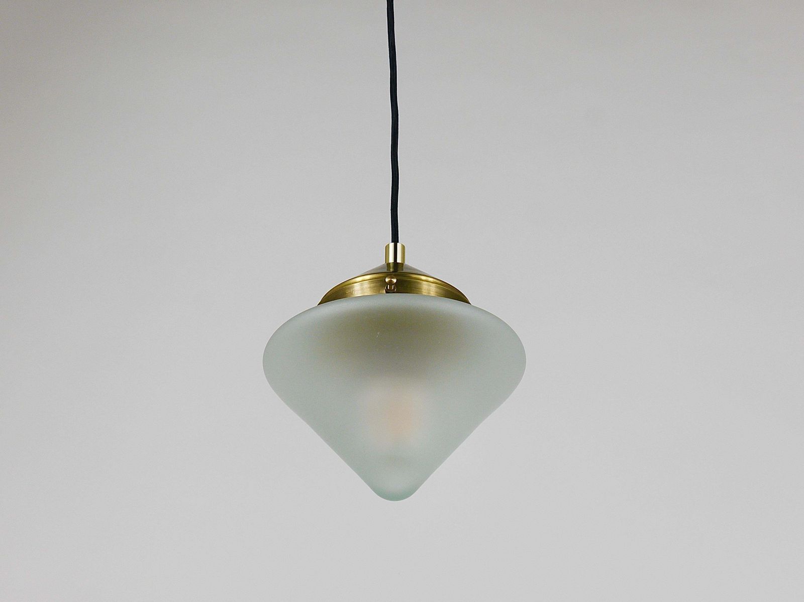 photo for sale Up To 7 Art Deco Brass Pendant Lights With Conical Glass Shades, Vienna 1930s