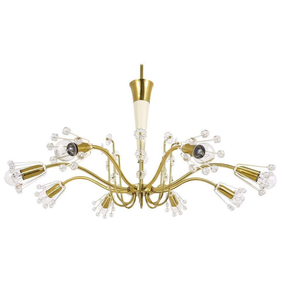 Unusual Emil Stejnar Brass Crystal Chandelier, Rupert Nikoll, Austria, 1950s