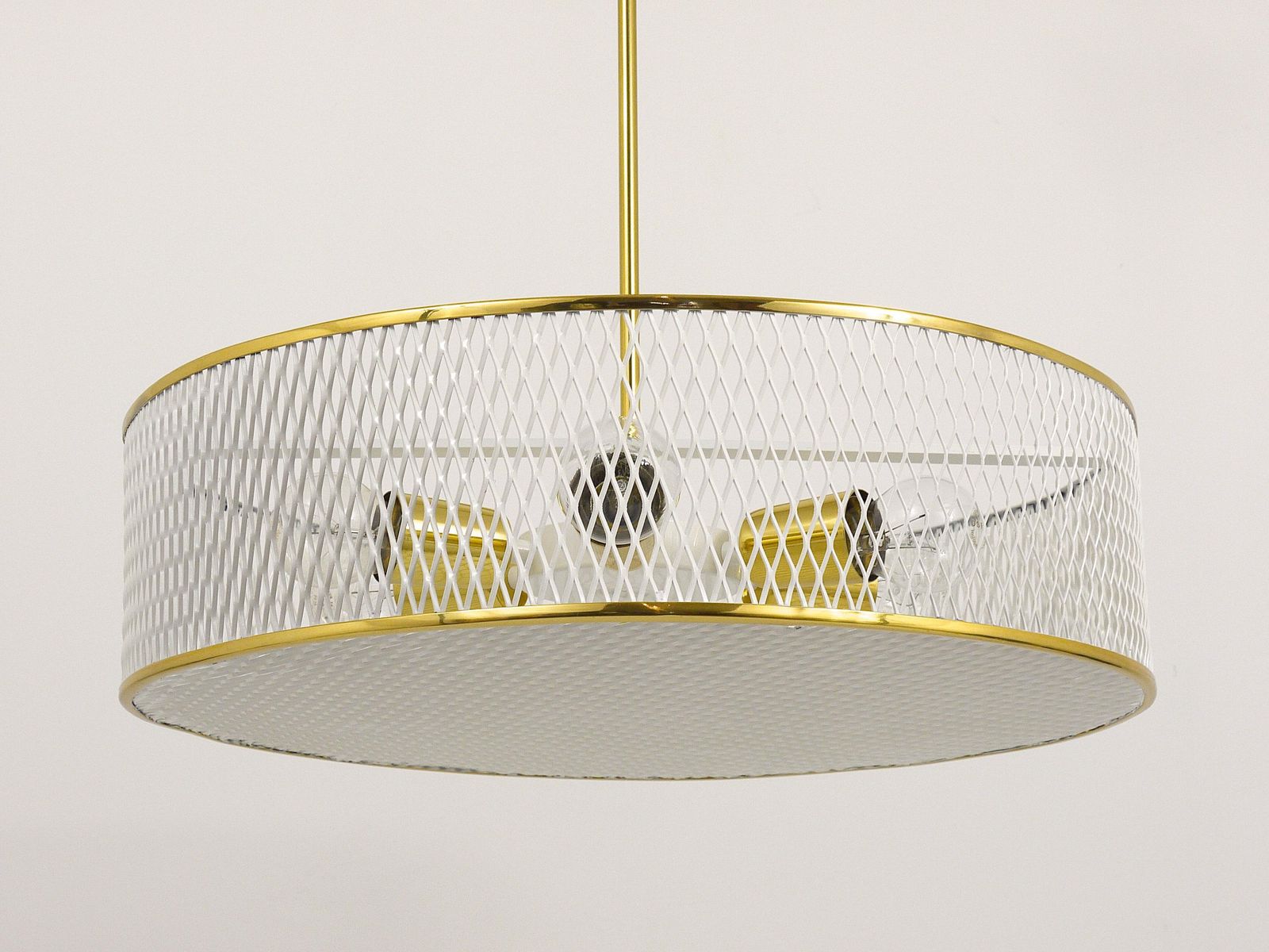 Mathieu Matégot Style Midcentury Brass Chandelier Pendant Lamp, France, 1950s photo vinterior