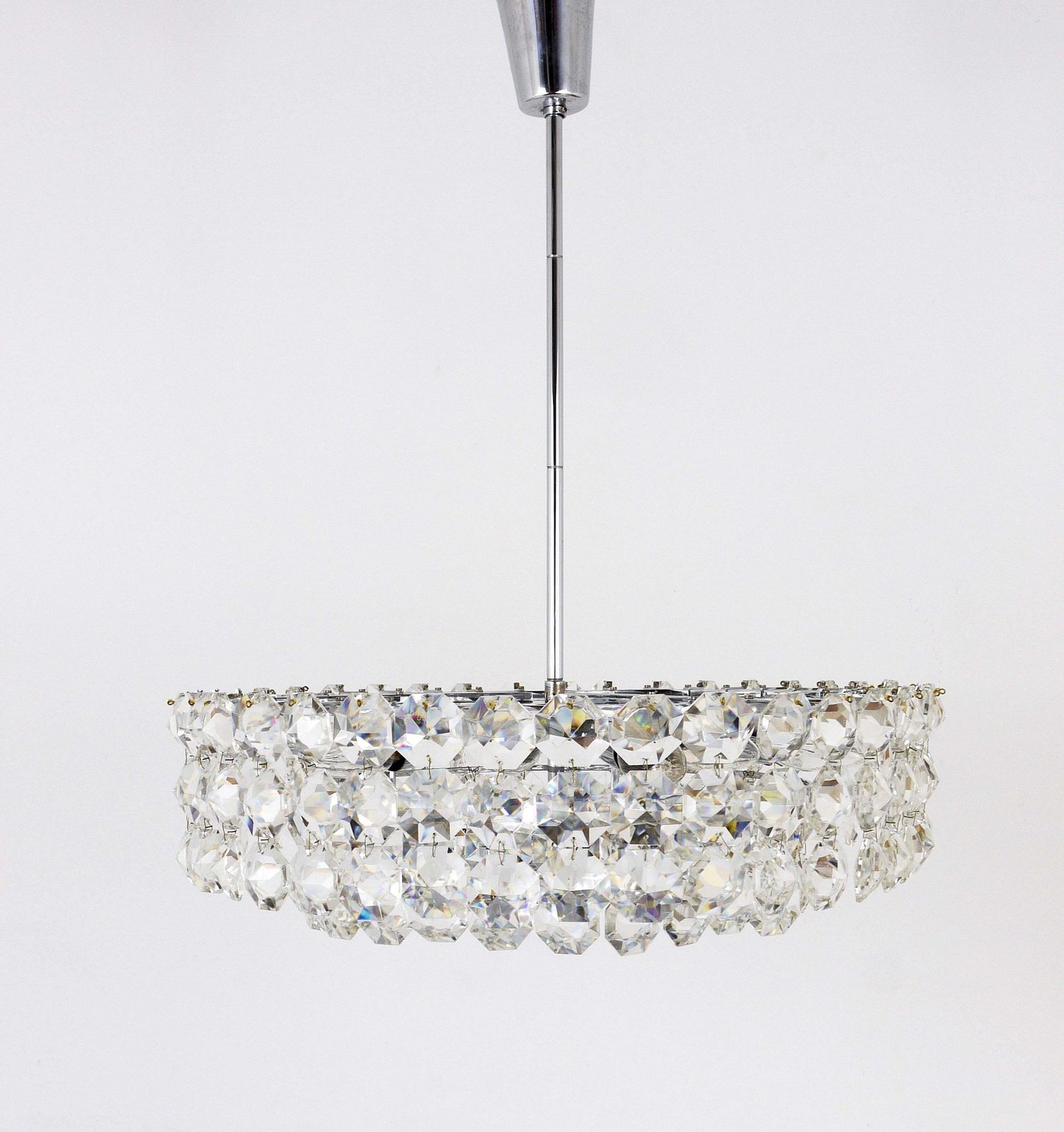 Large Bakalowits Nickel Brass Chandelier With Diamond Crystals, Austria, 1950 photo for sale