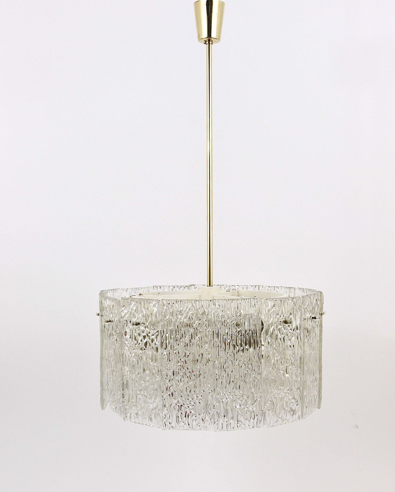 Kalmar Vienna Two Tambour Drum Brass & Glass Midcentury Chandeliers, 1960s photo vinterior