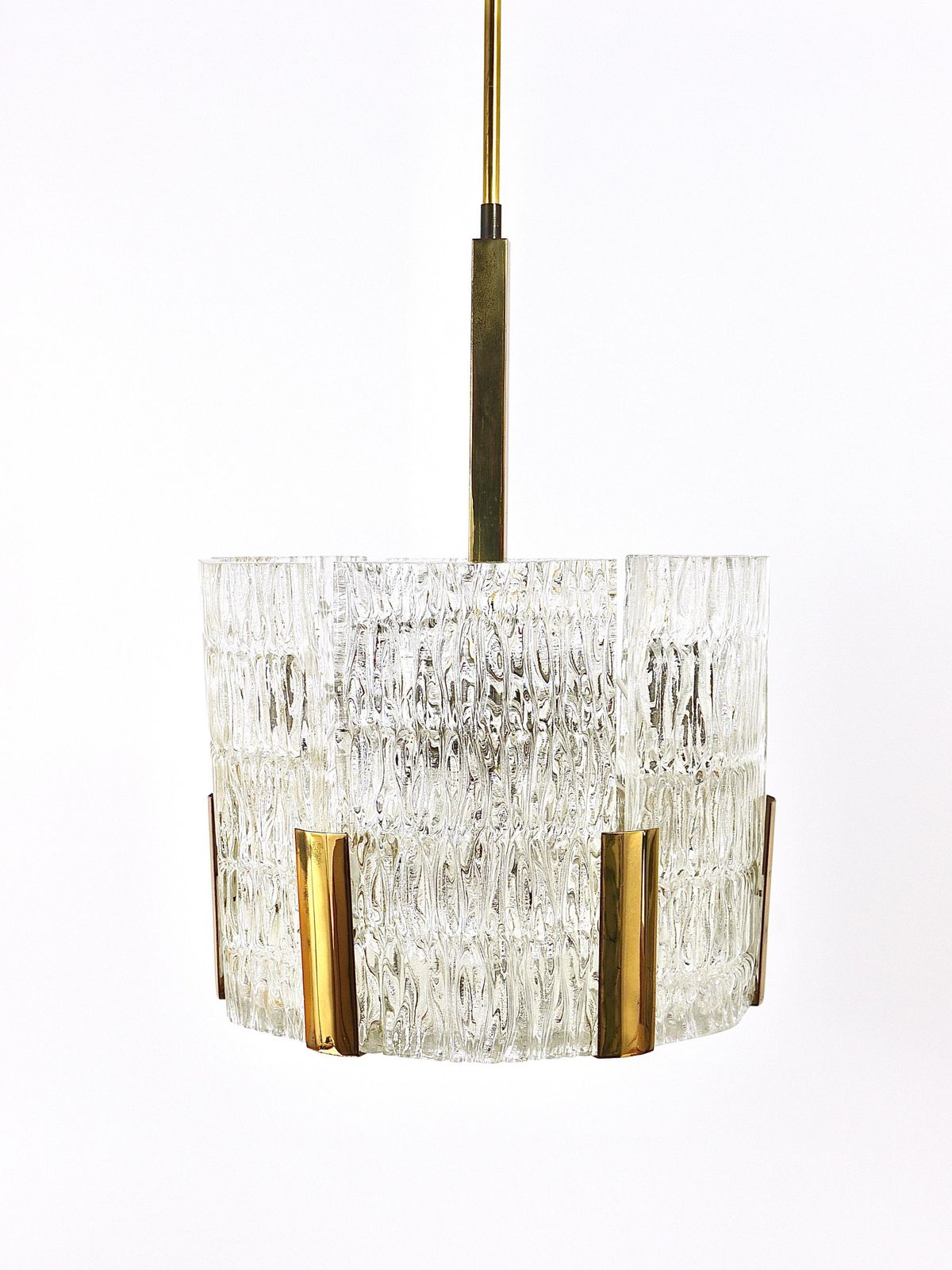 Kalmar Tambour Drum Chandelier, Brass, Textured Ice Glass, Austria, 1960s photo 2257.0