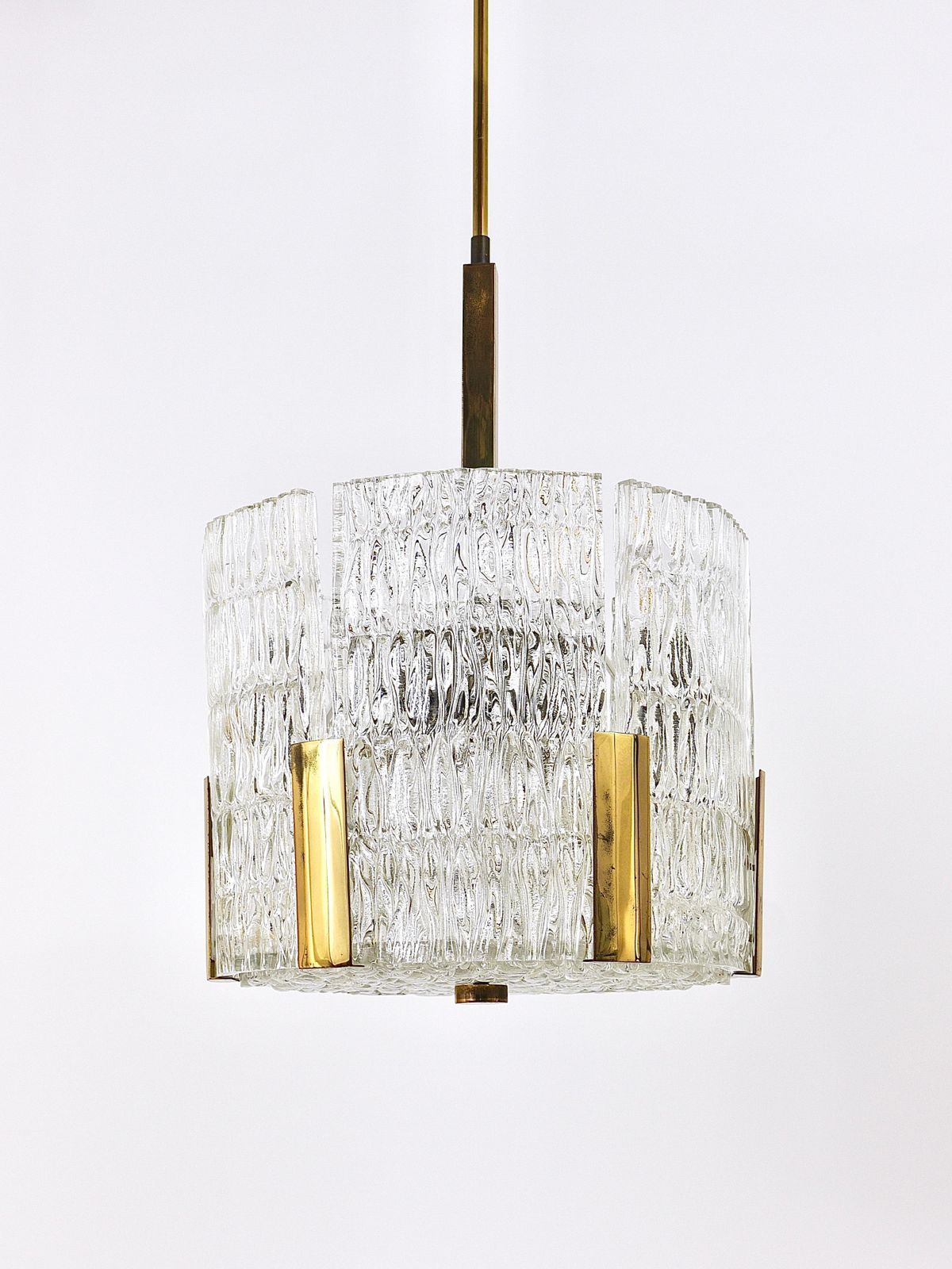 Kalmar Tambour Drum Chandelier, Brass, Textured Ice Glass, Austria, 1960s photo buy