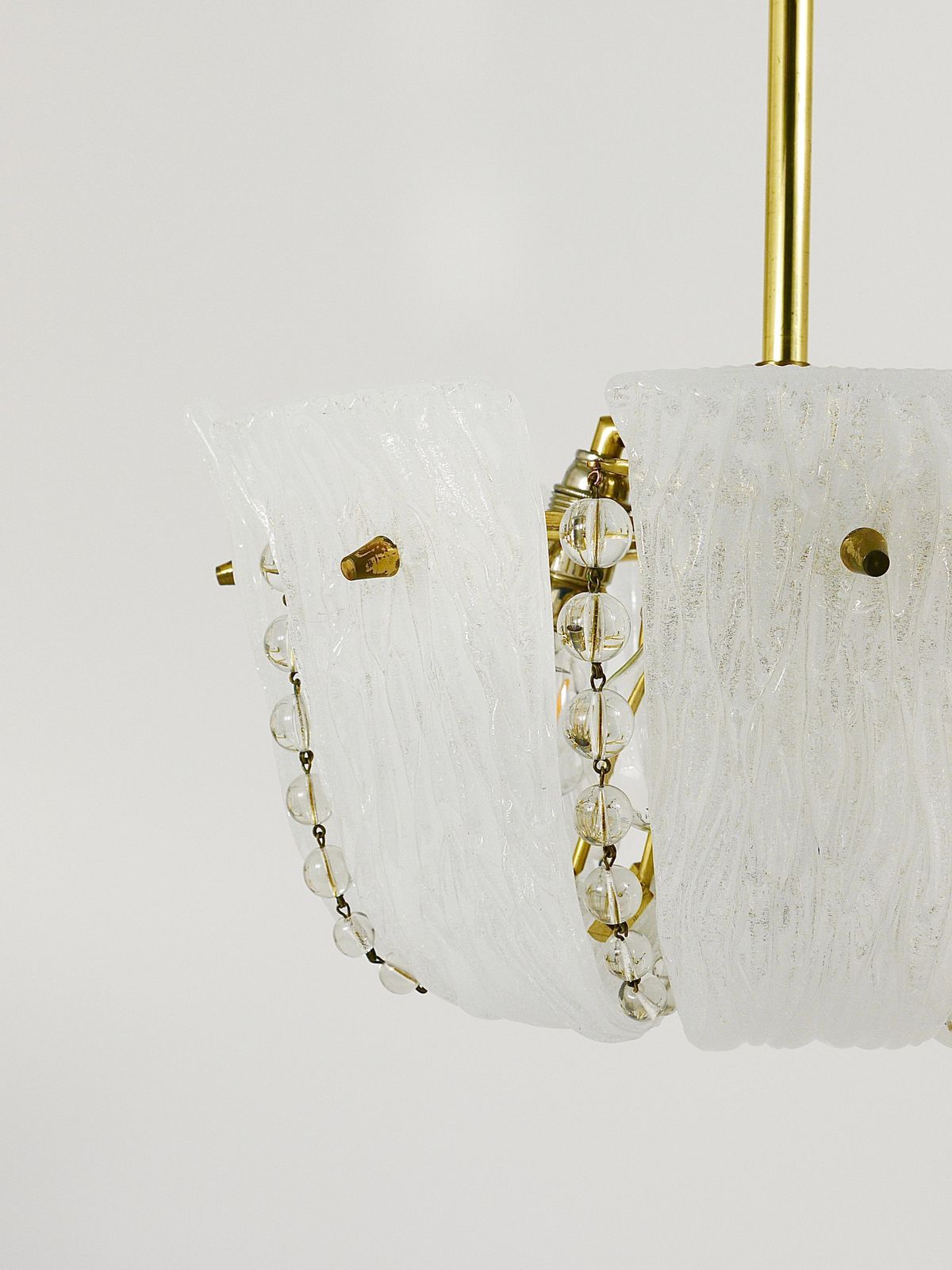 photo vinterior J.T. Kalmar Petite Curved Basket Chandelier, Brass & Glass, Austria, 1950s